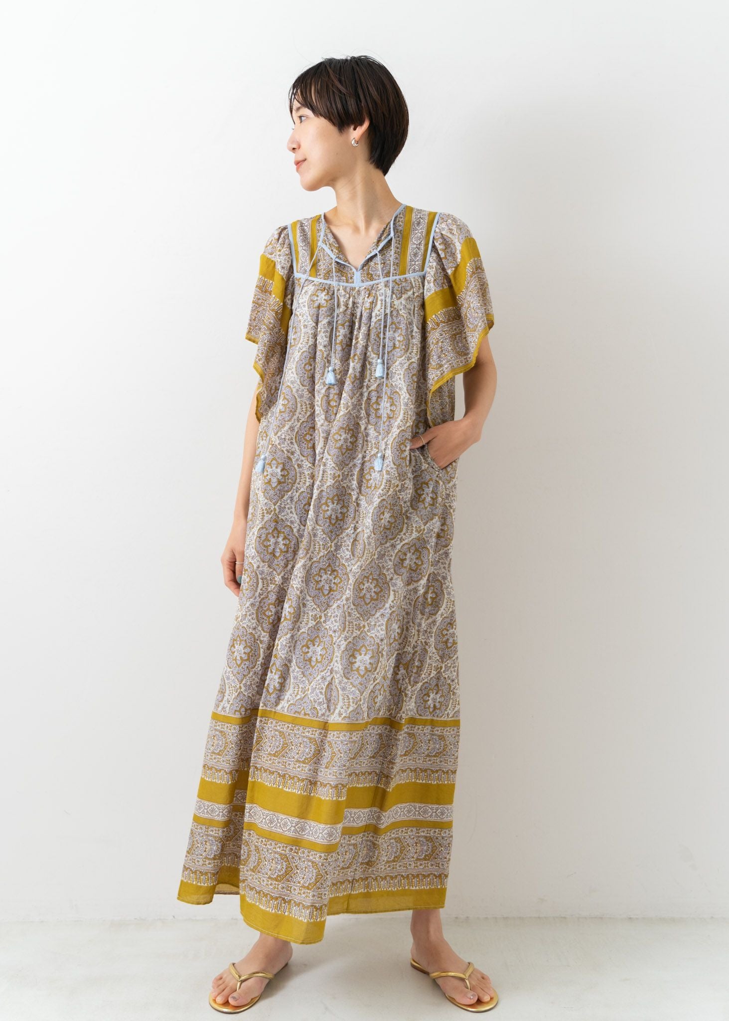 Cotton Voile Arabesque Print Flare Sleeve Dress