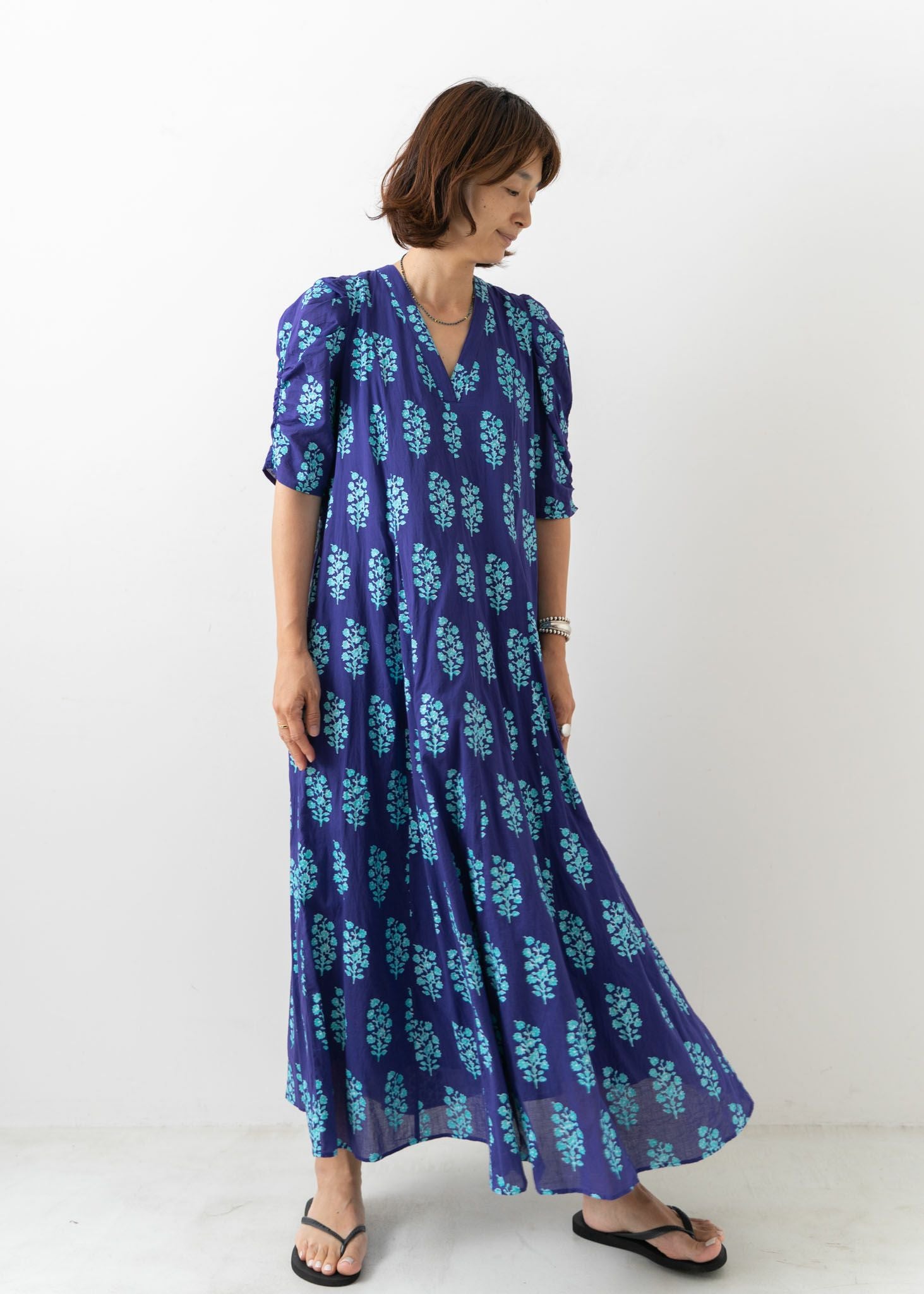 Ethnic Combination Print Gather Sleeve Dress
