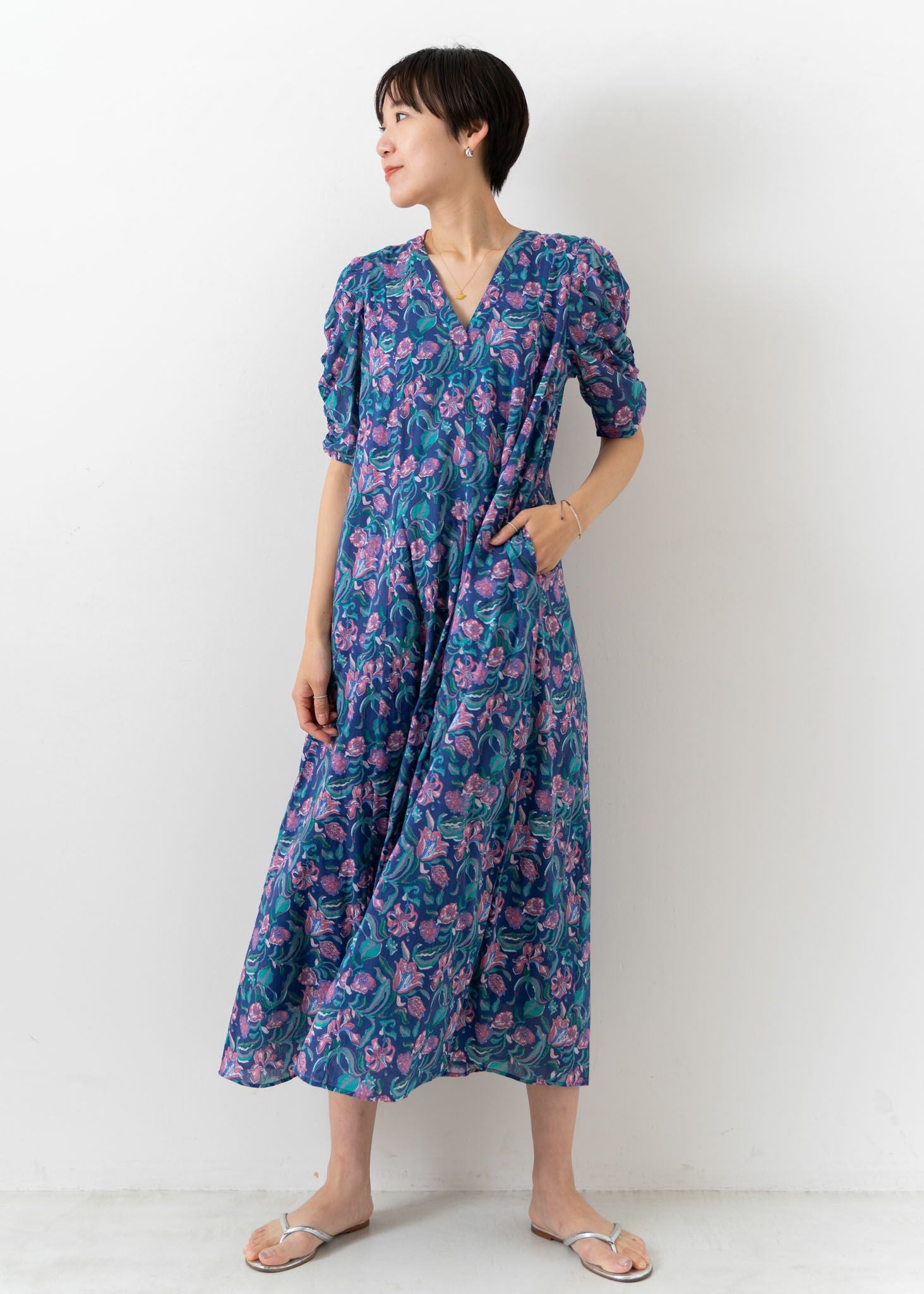 Water Color Print Gather Sleeve Dress