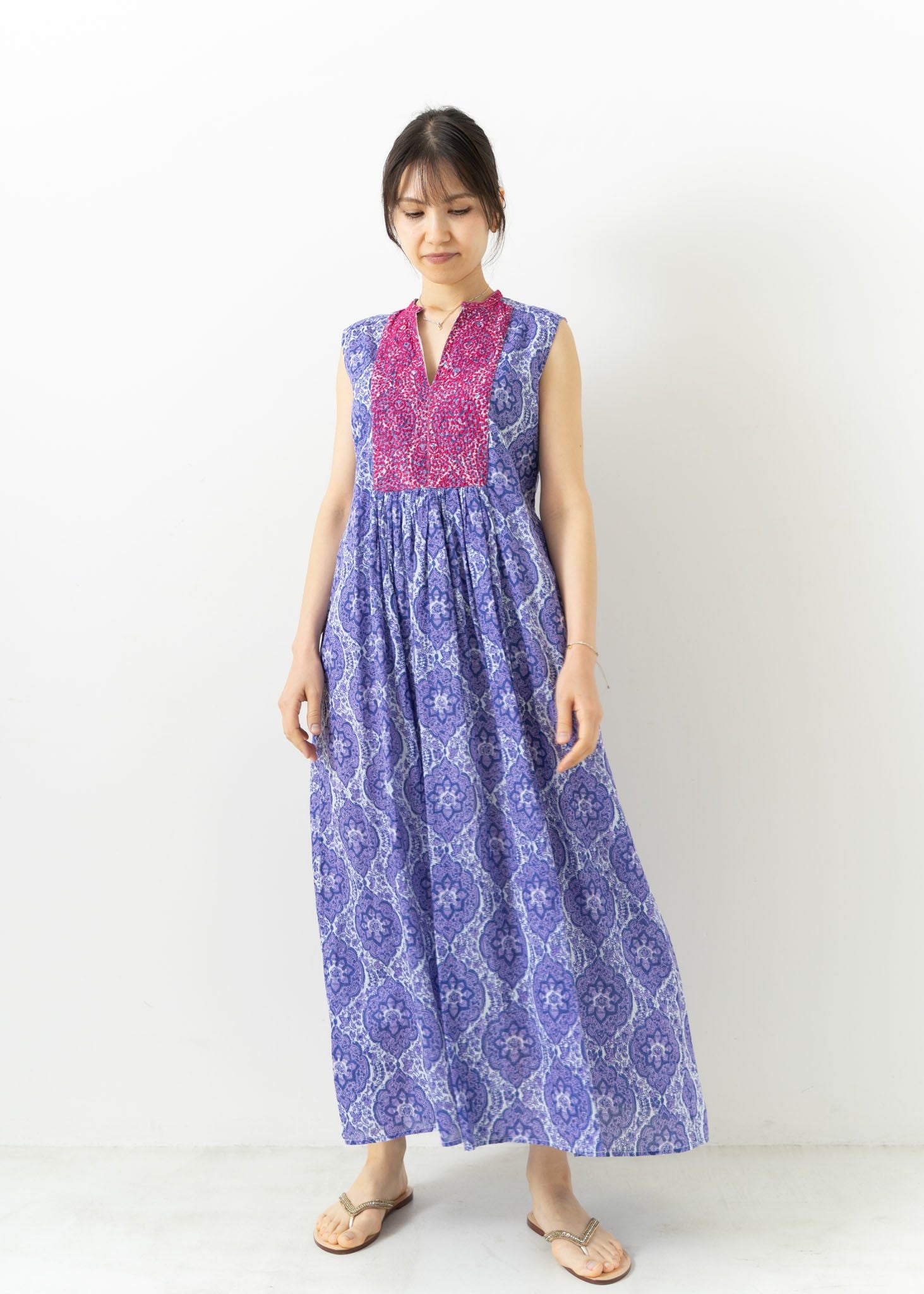 Cotton Voile Arabesque Print Sleeveless Dress