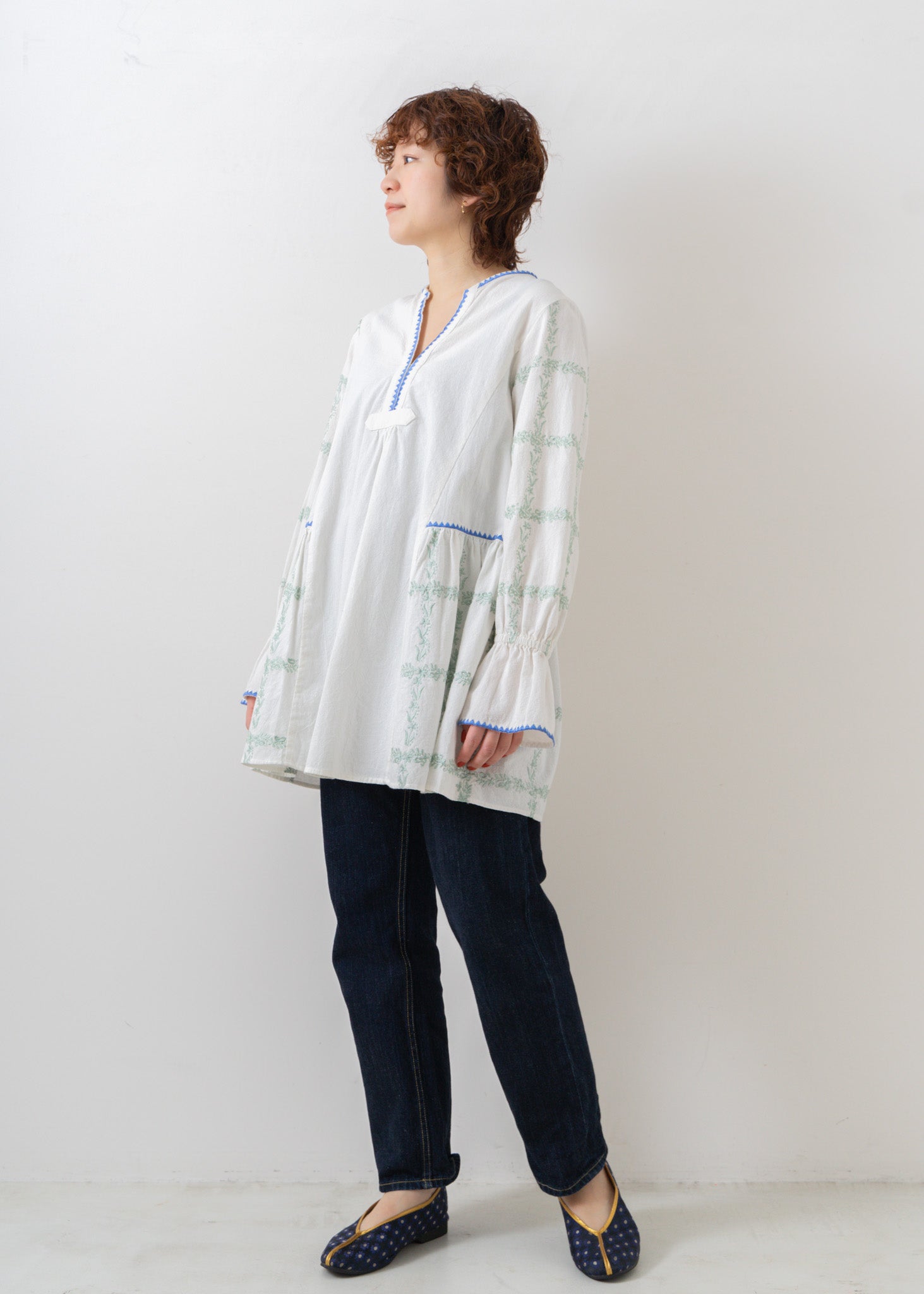 Crimp Cotton Check Embroidery Tunic