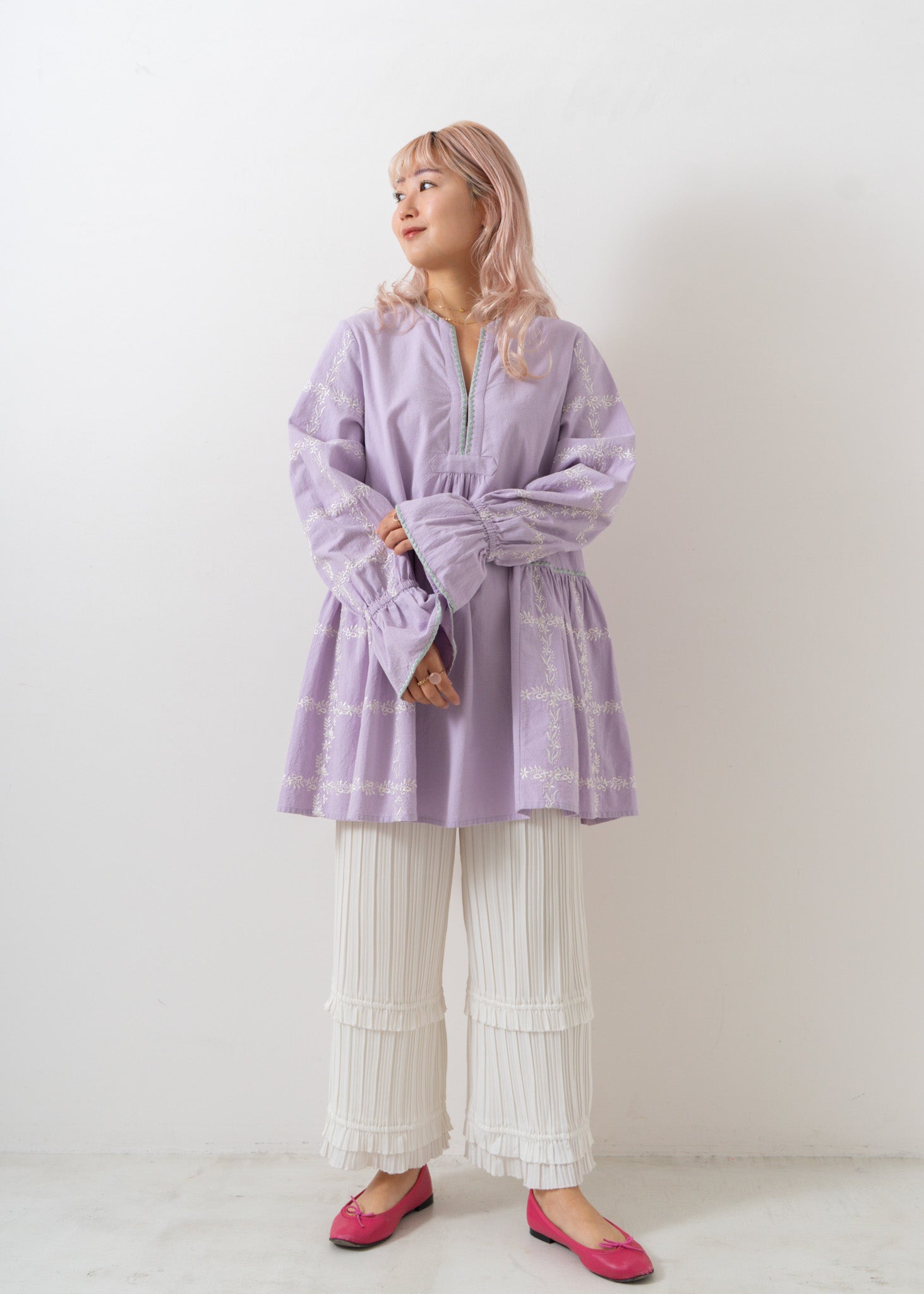 Crimp Cotton Check Embroidery Tunic | Pasand by ne Quittez pas 