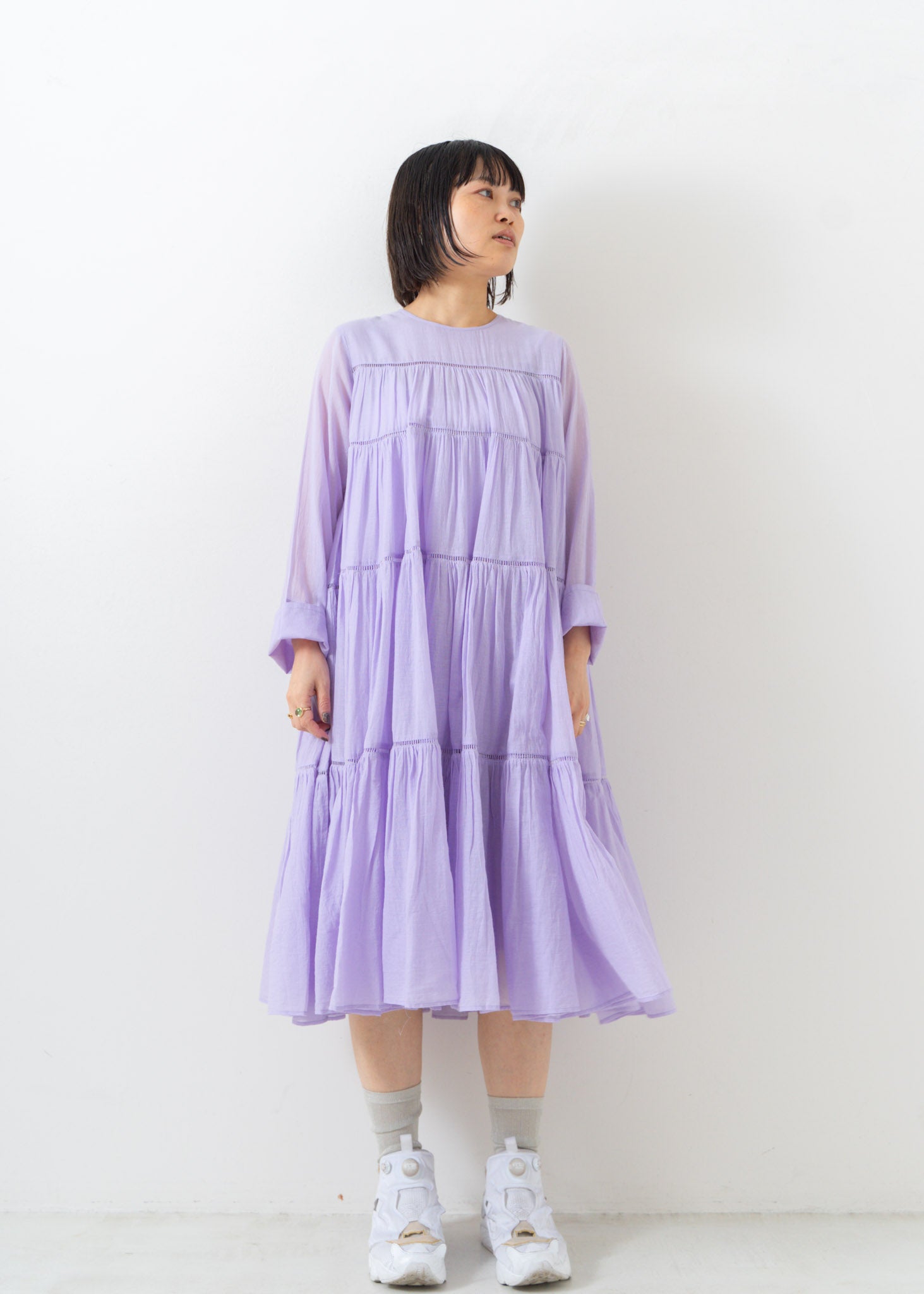 Cotton Voile Tiered Middle Length Dress Lilac | Pasand by ne 