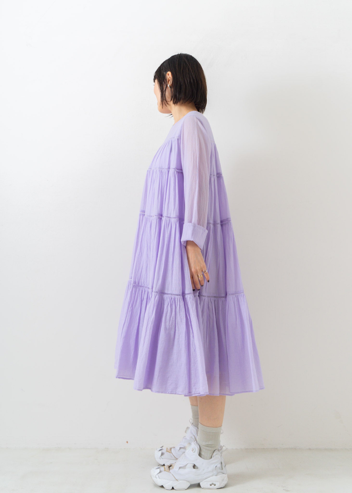 Cotton Voile Tiered Middle Length Dress Lilac