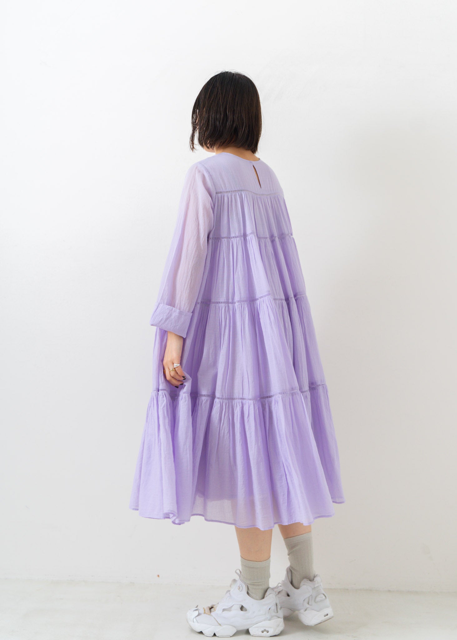 Cotton Voile Tiered Middle Length Dress Lilac