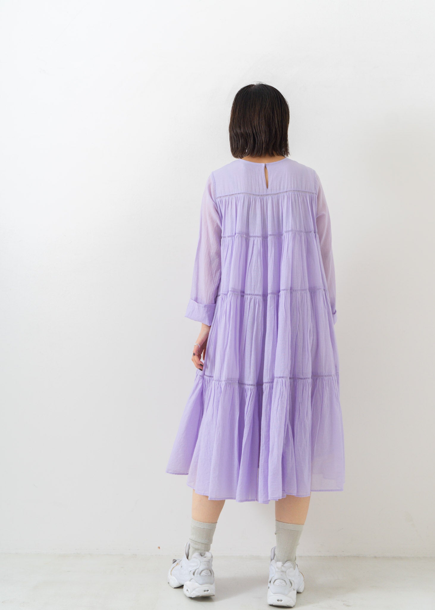 Cotton Voile Tiered Middle Length Dress Lilac