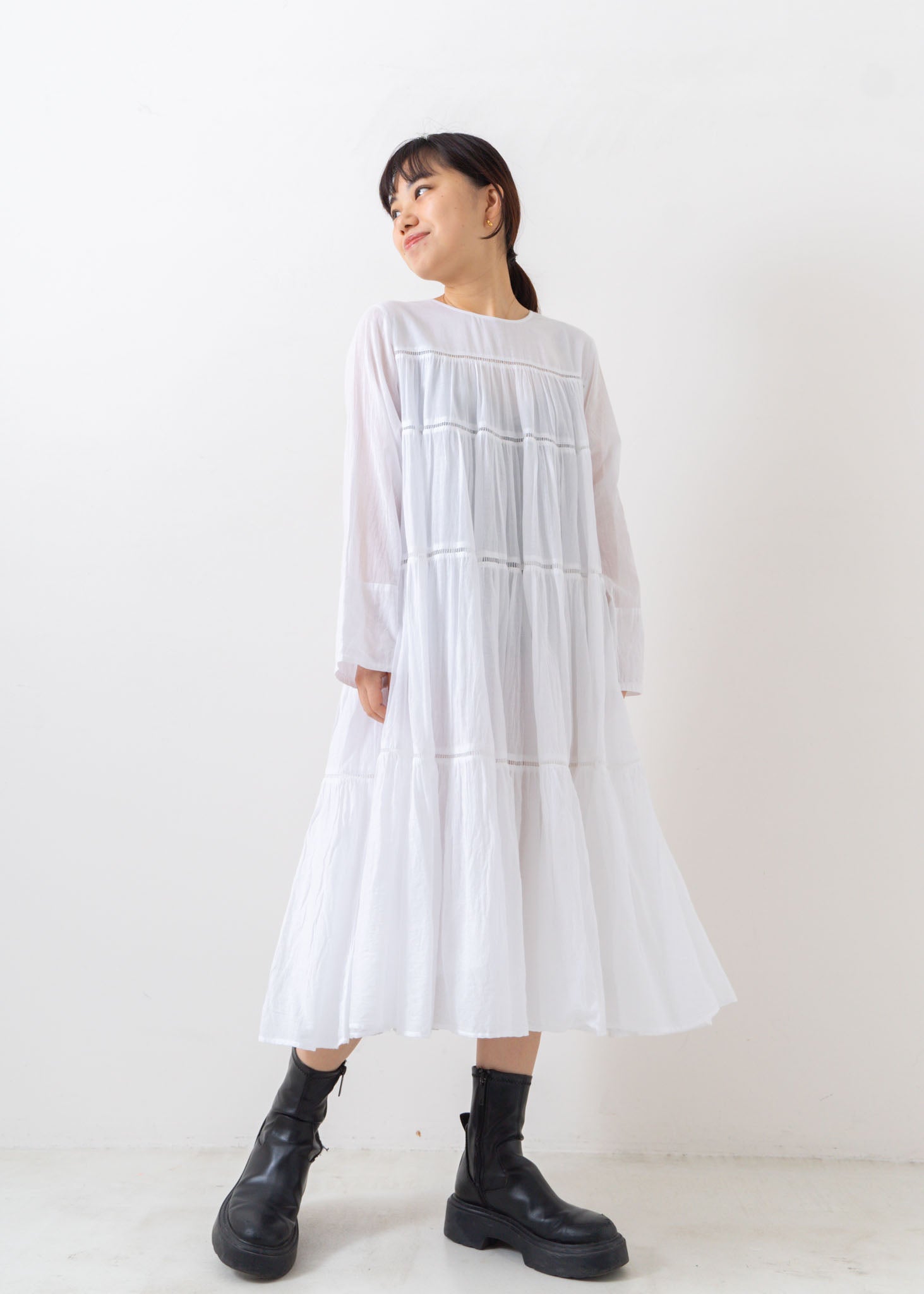 Cotton Voile Tiered Middle Length Dress White | Pasand by ne 
