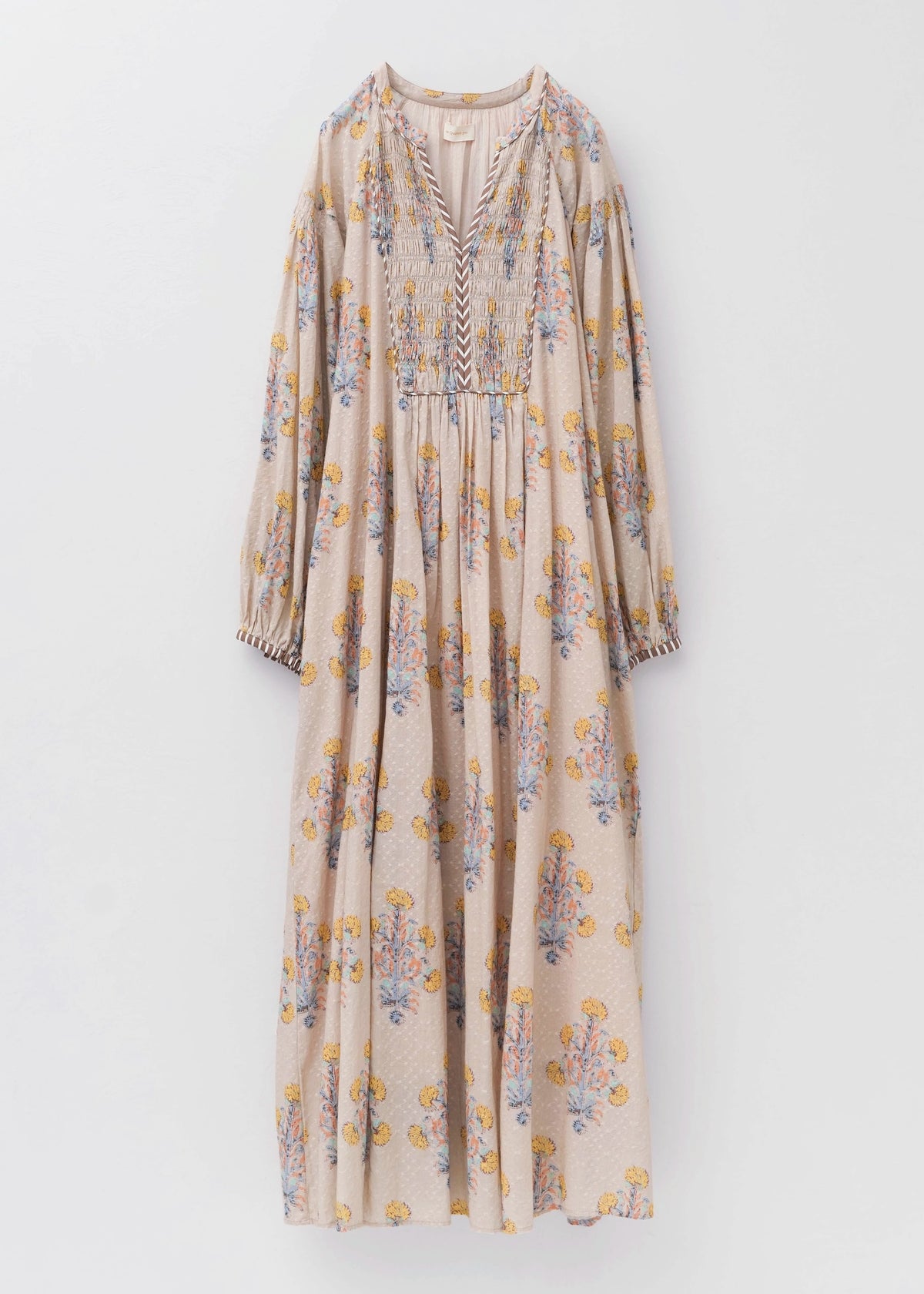 Cotton Jacquard Marigold Print Shirring Dress