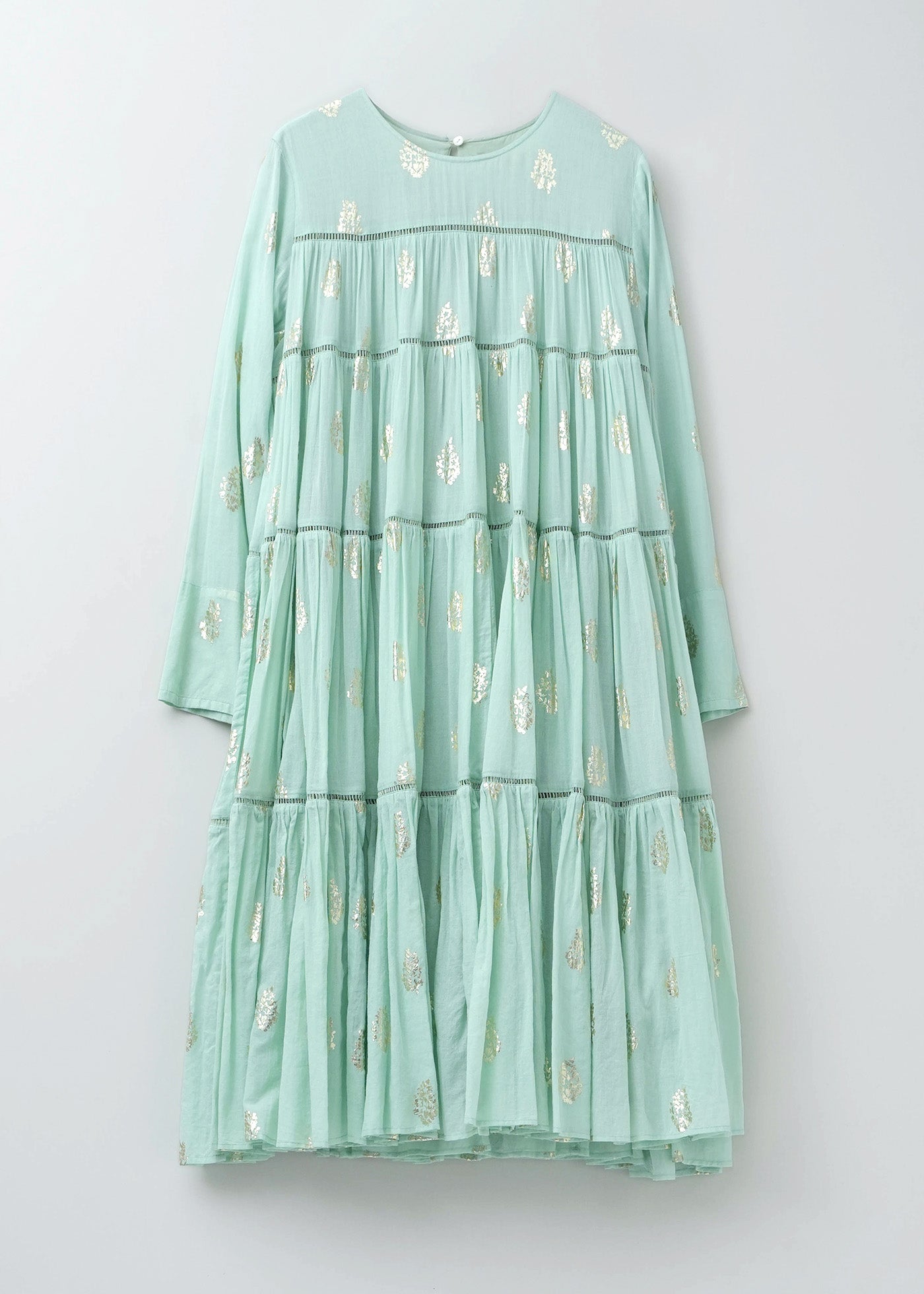 Cotton Voile Foil Flower Print Tiered Middle Length Dress | Pasand