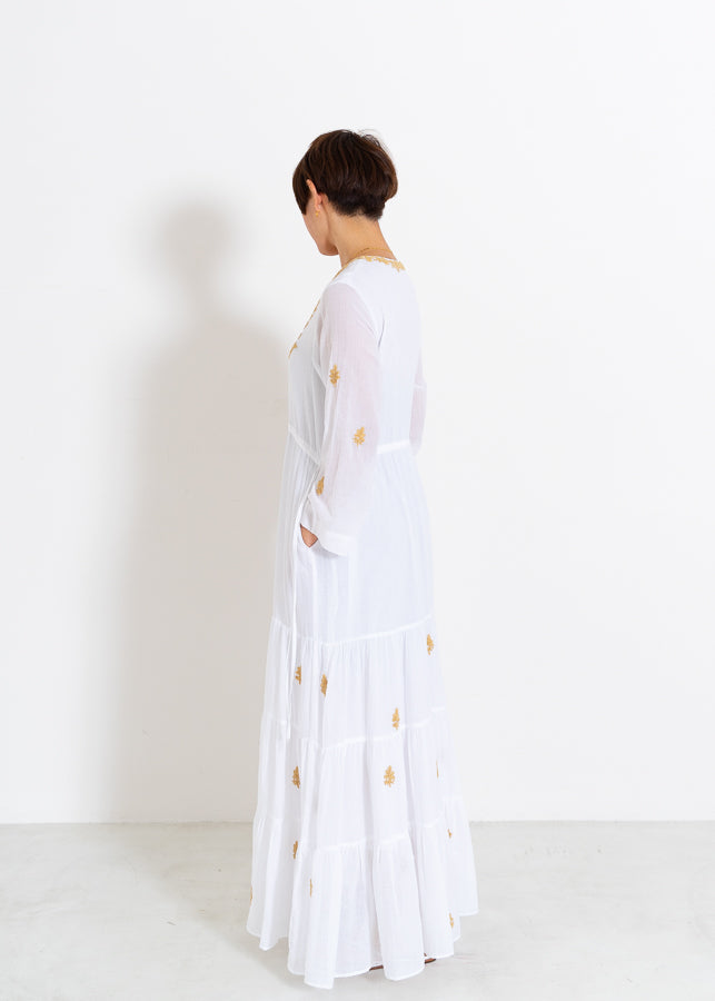 Cotton Chikan Embroidery V-Neck Dress