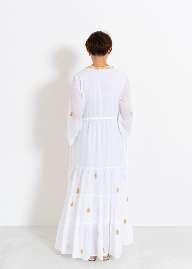 Cotton Chikan Embroidery V-Neck Dress