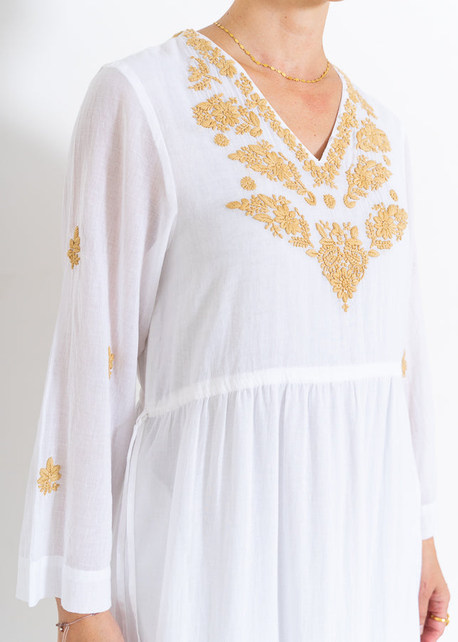 Cotton Chikan Embroidery V-Neck Dress