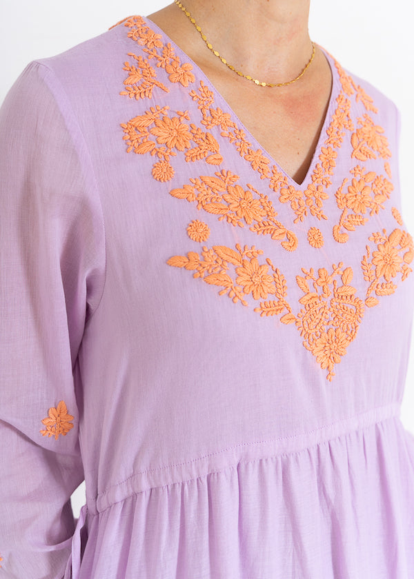 Cotton Chikan Embroidery V-Neck Dress