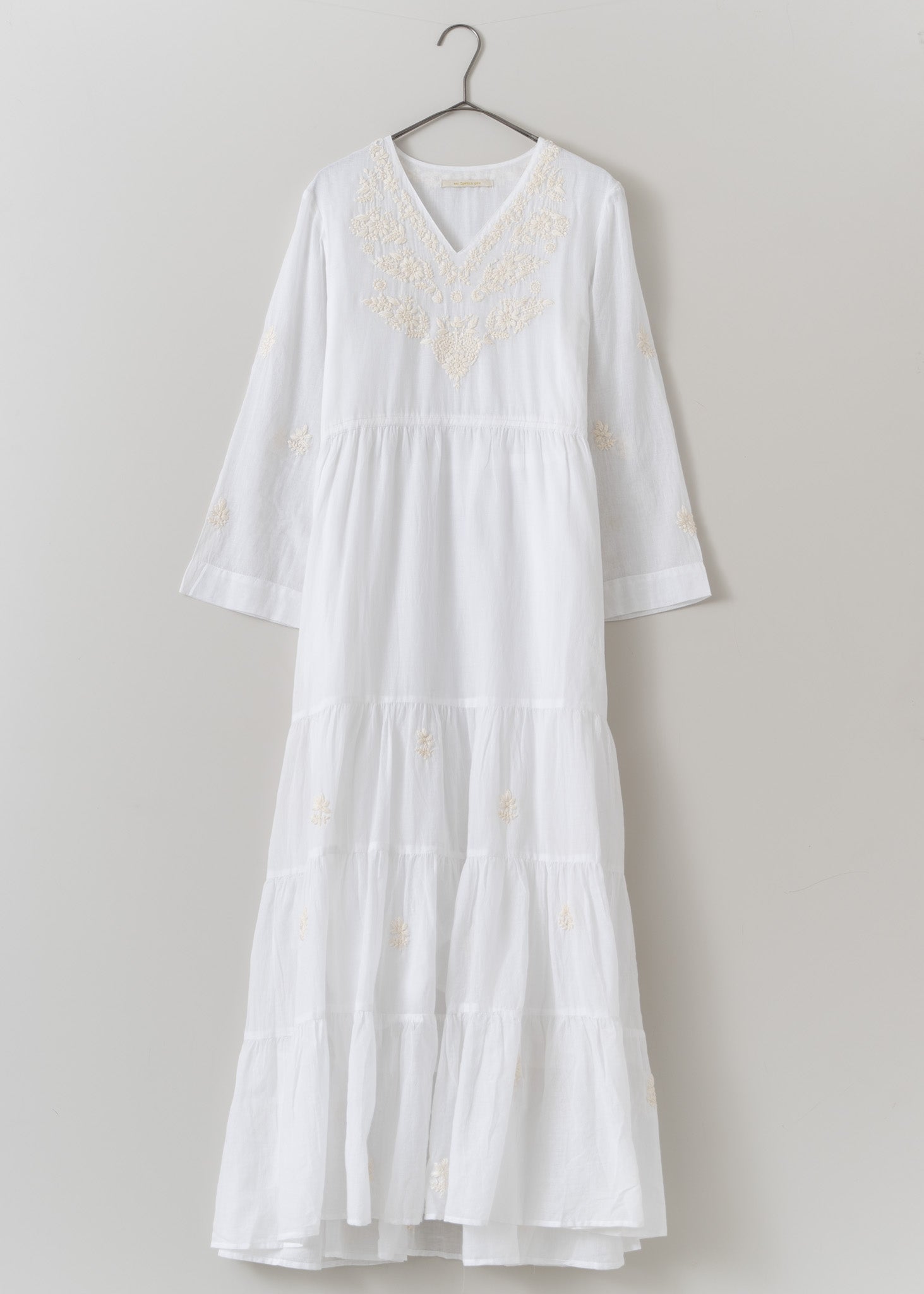 Cotton Chikan Embroidery V-Neck Dress