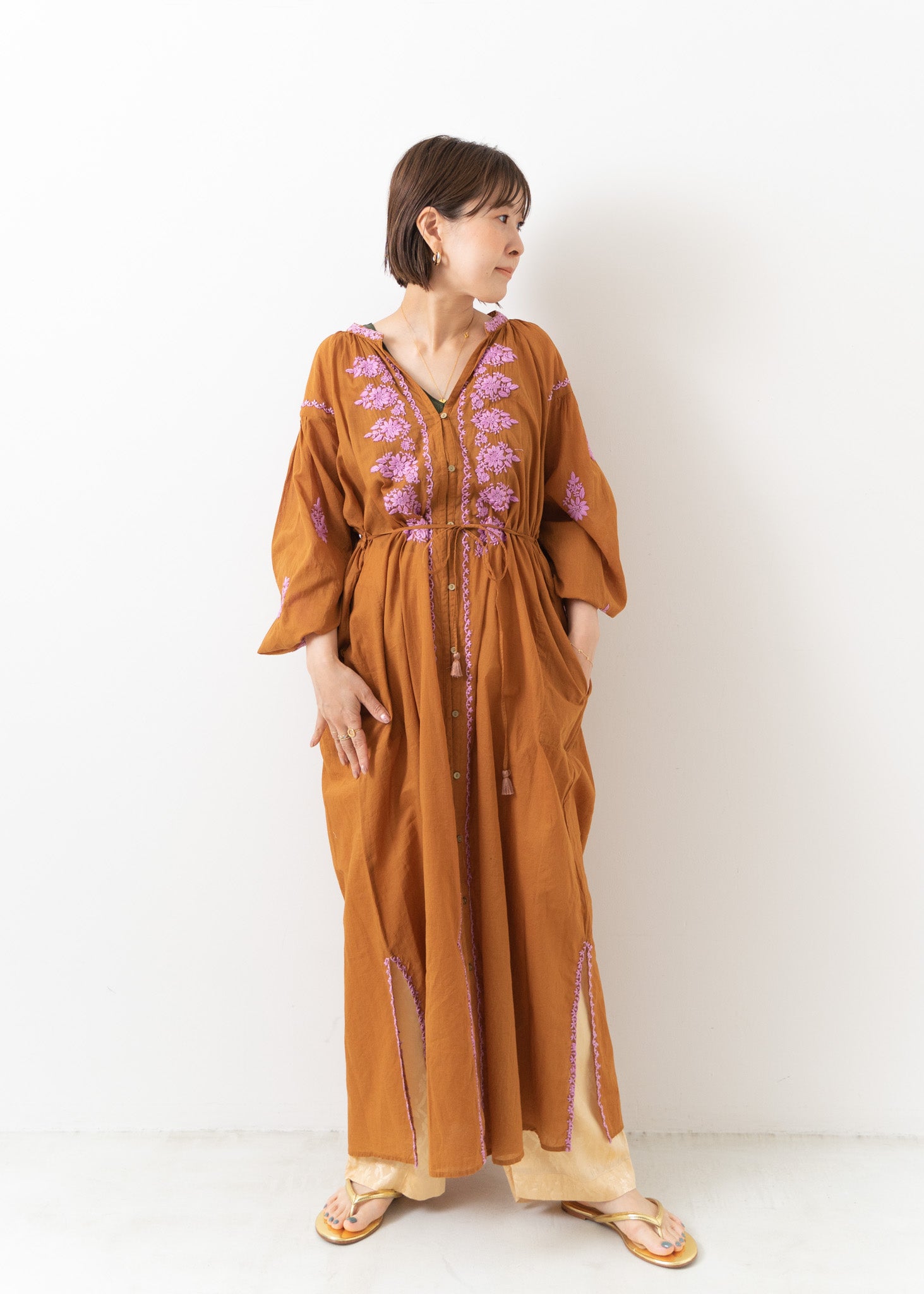 Voile Chikan Embroidery Front Open Dress
