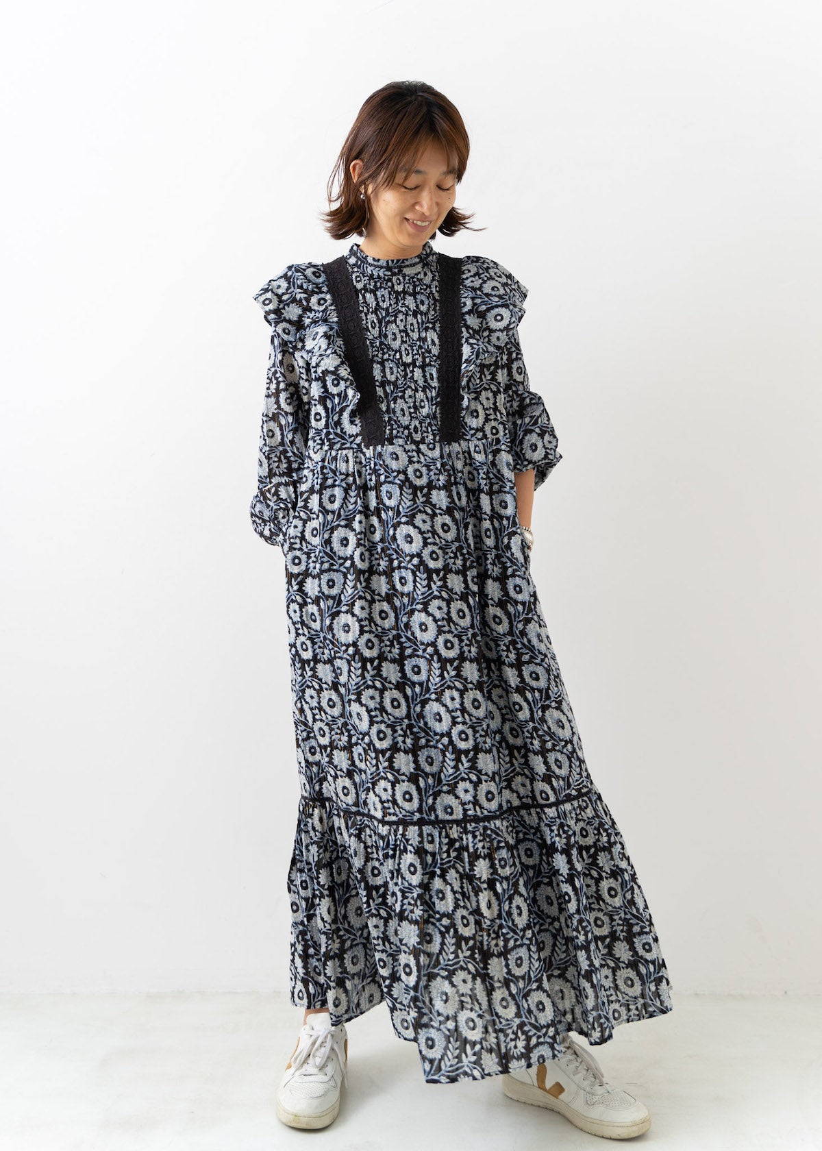 Cotton Lurex Stripe Flower Print Frill Dress | Pasand by ne 
