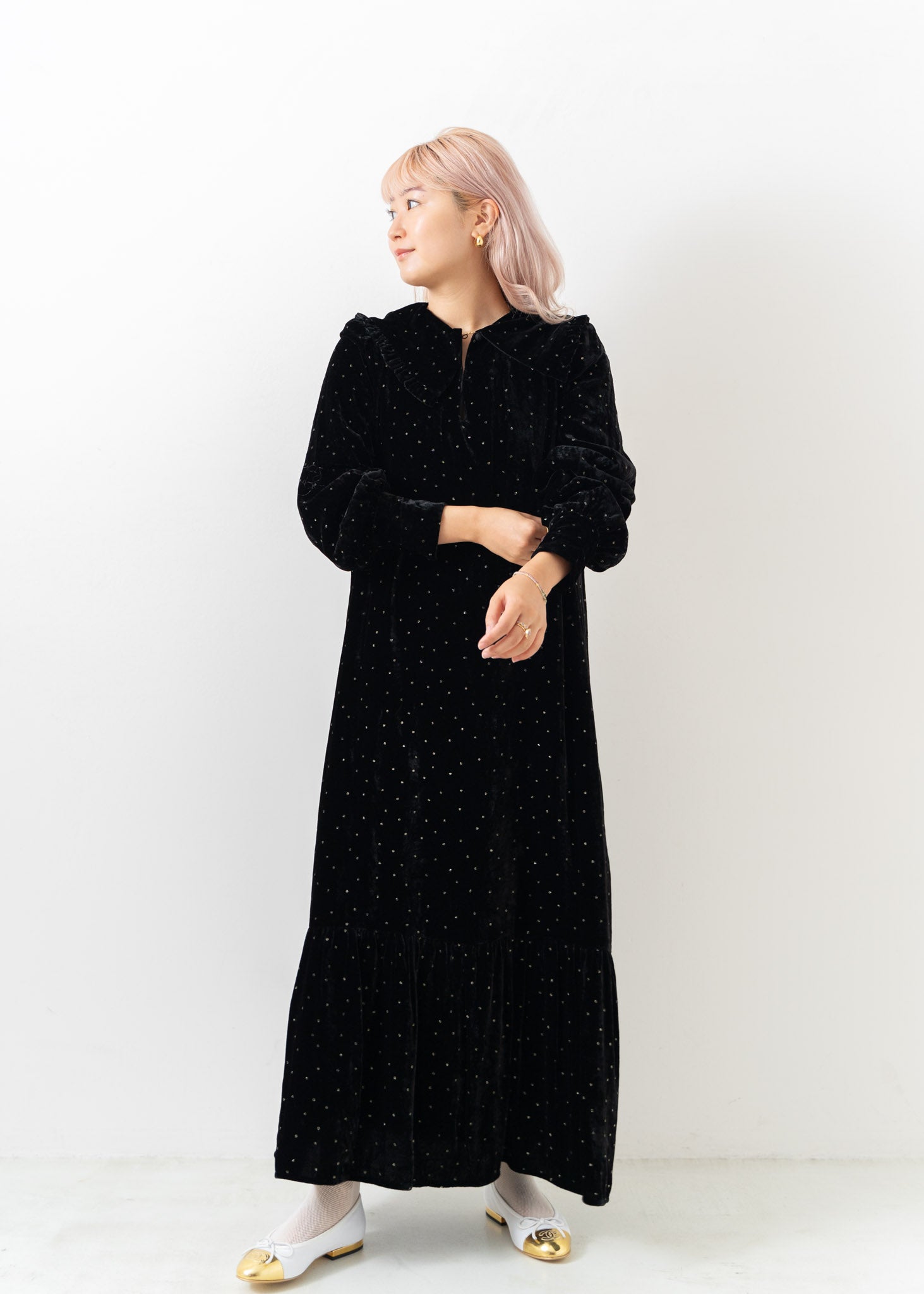 Velvet Glitter Print Frill Collar Dress | Pasand by ne Quittez pas 