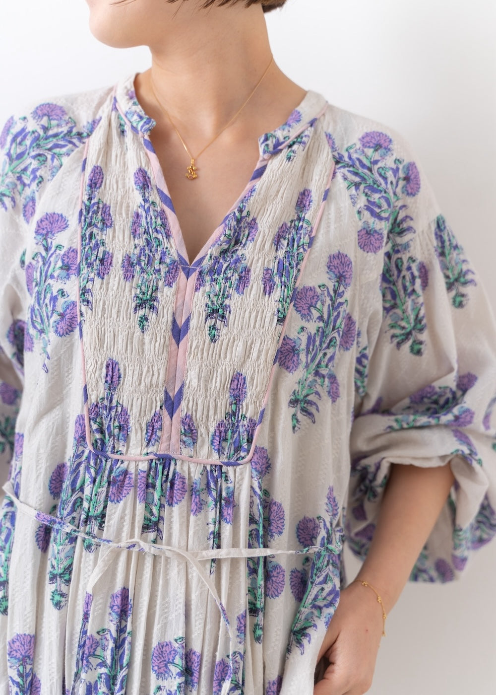 【Ecru予約受付中】Cotton Jacquard Marigold Print Shirring Dress