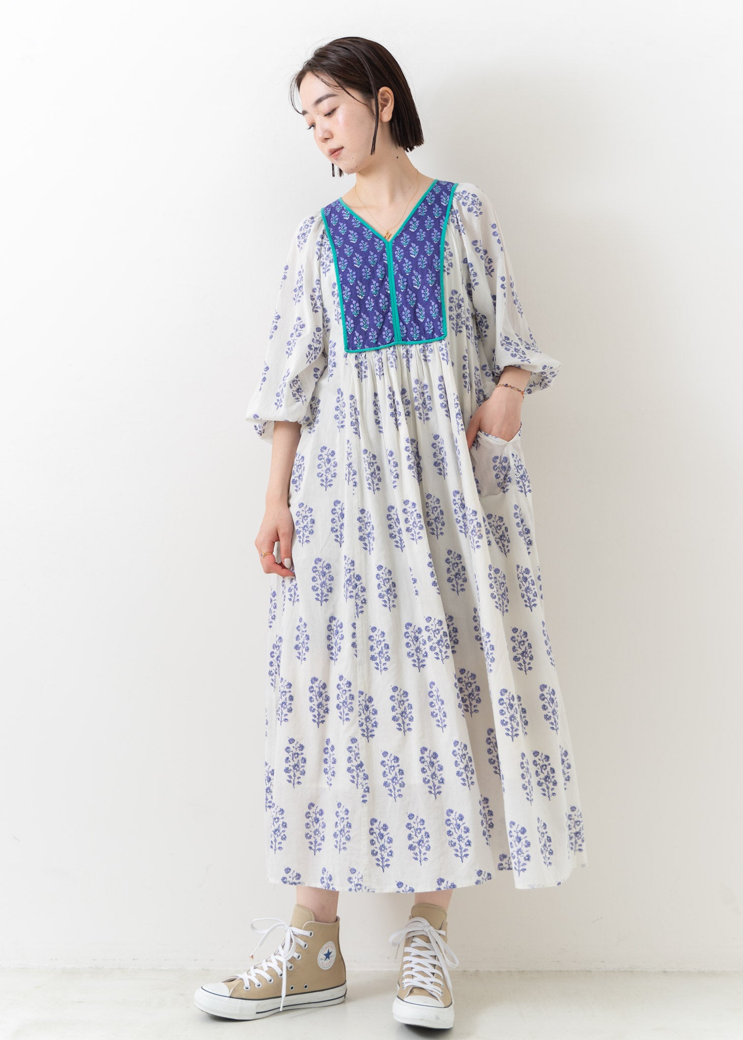 Cotton Voile Ethnic Combination Print Gather Dress