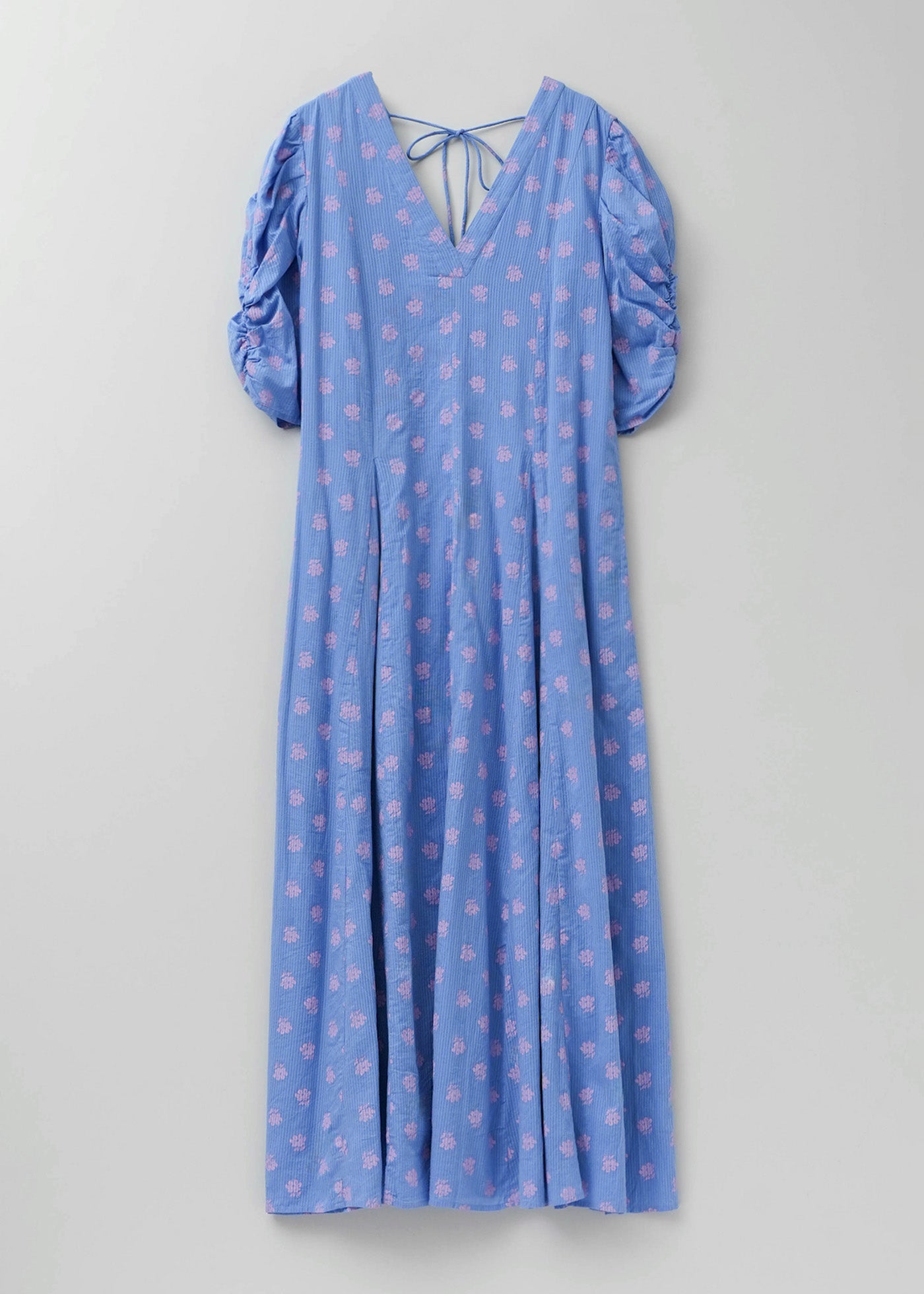 【5月上旬お届け予定】Cotton Dobby Stripe Anemone Print Gather Sleeve Dress