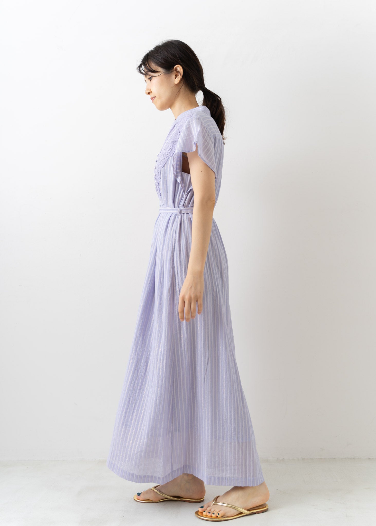 Cotton Lurex Stripe Frill Sleeve Dress