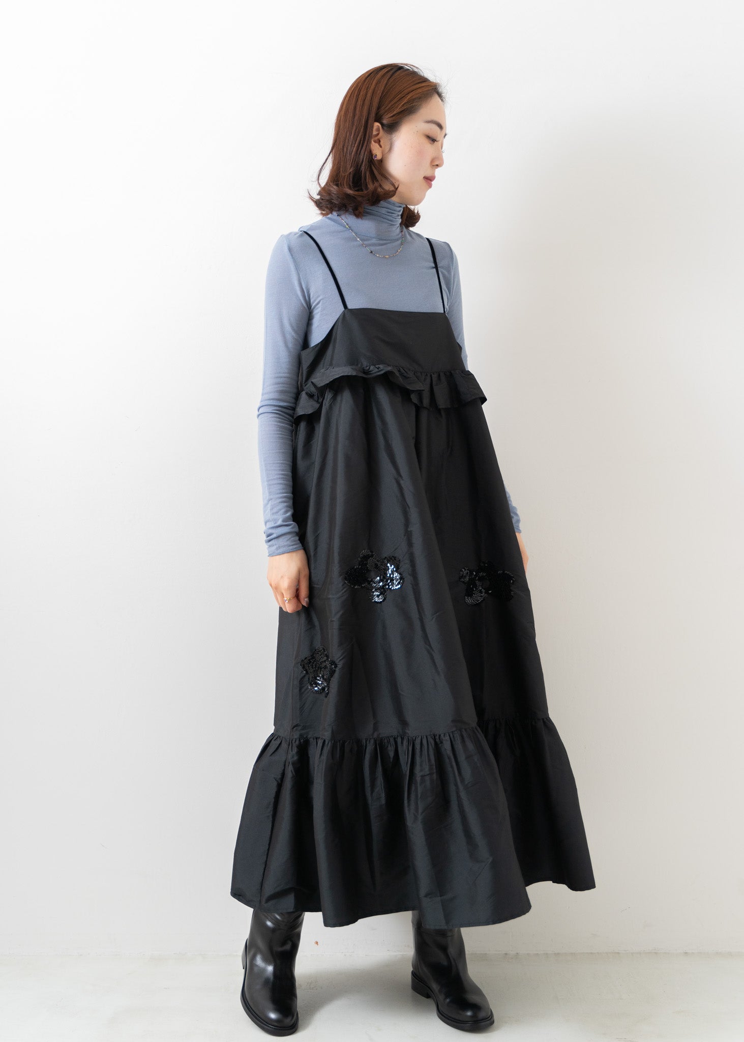 Poly Dupion Strap Frilled Dress