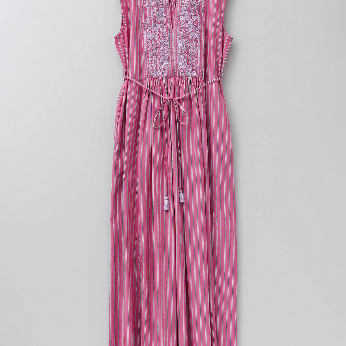 Poplin Stripe Flower Embroidery Sleeveless Dress | Pasand by ne 