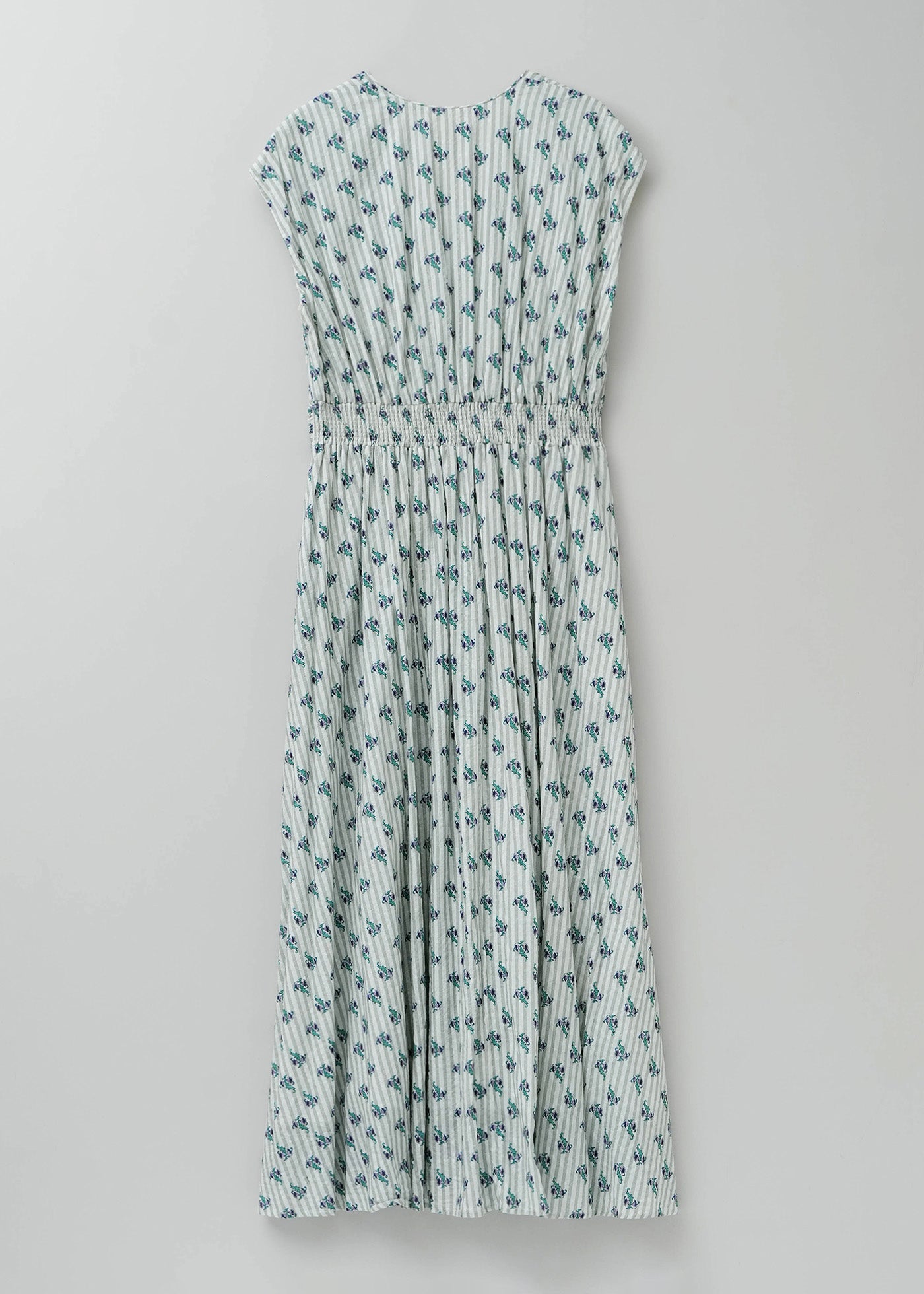 Cotton Jacquard Stripe Small Flower Print Sleeveless Waist Gather
