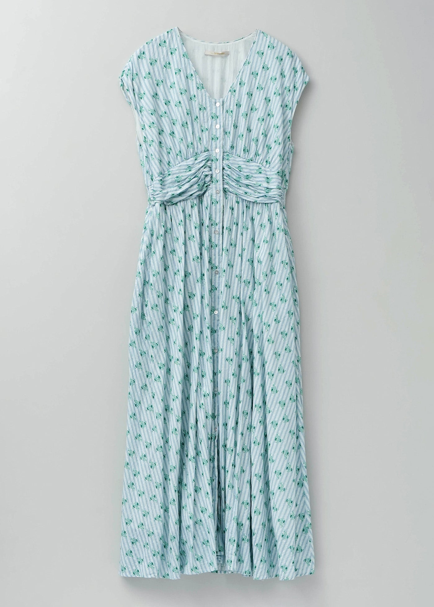 【4月中旬お届け予定】Cotton Jacquard Stripe Small Flower Print Sleeveless Waist Gather Dress
