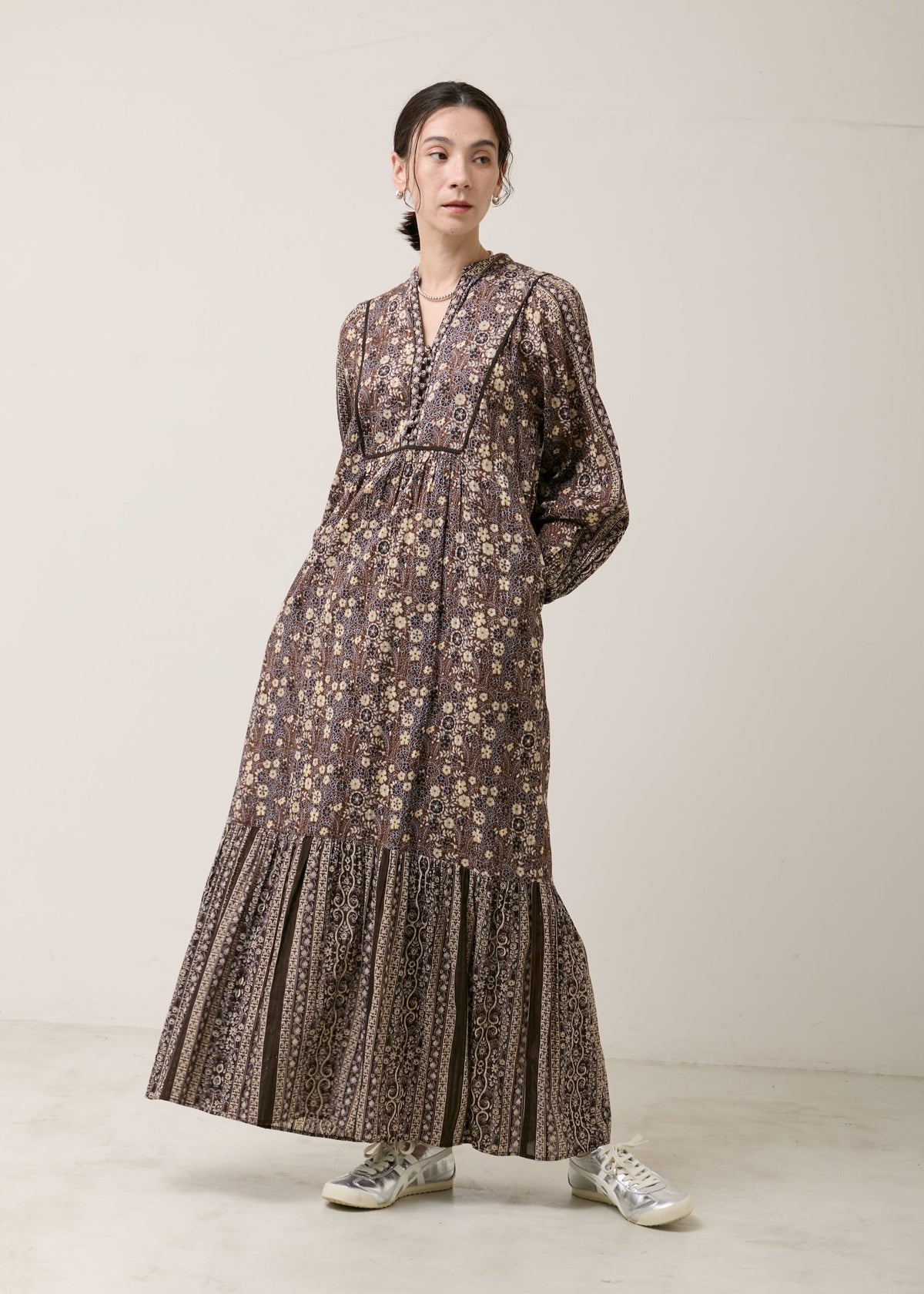 Cotton Jacquard Flower Print Yoke Dress