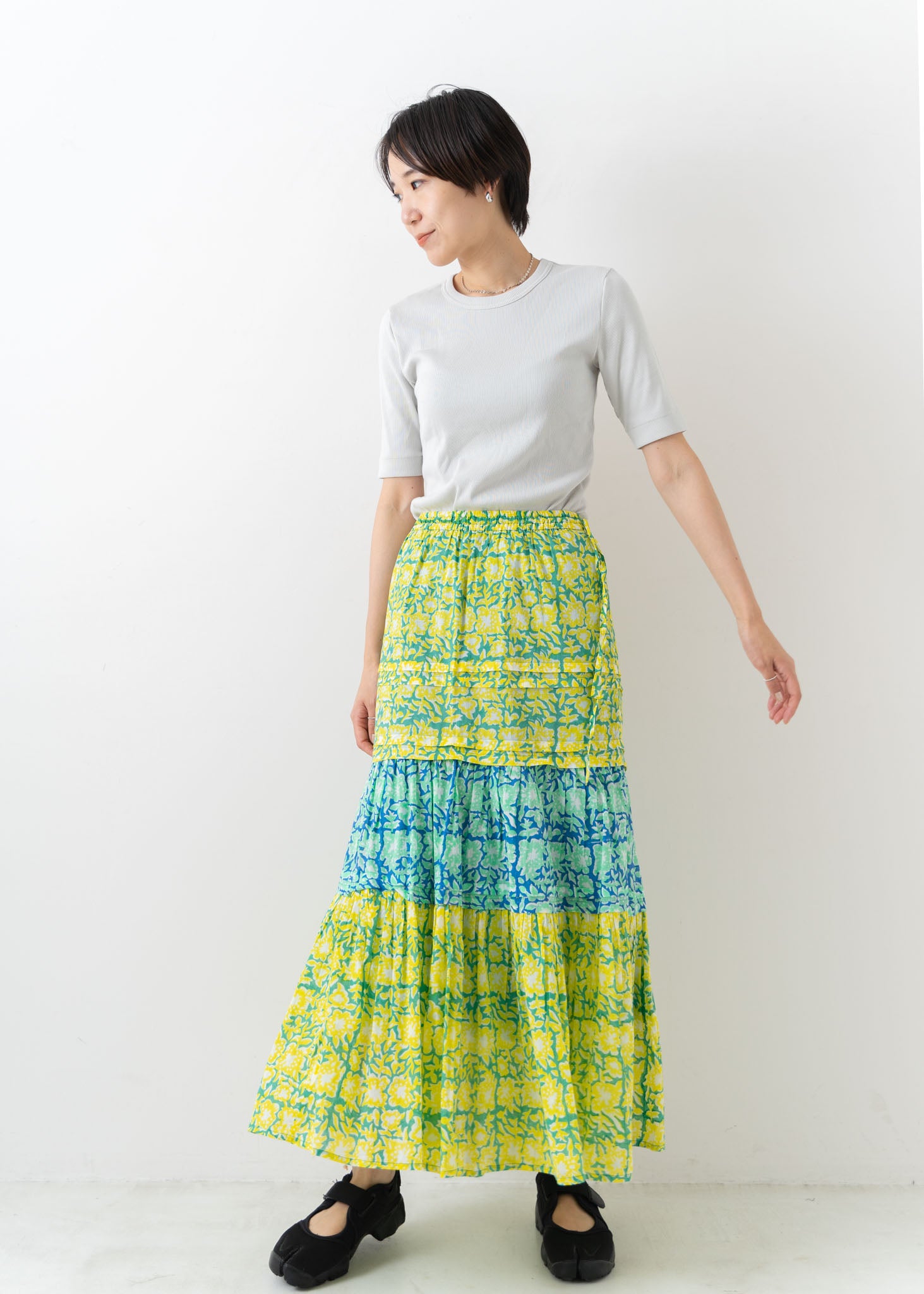 Cotton Block Flower Print Tuck Skirt