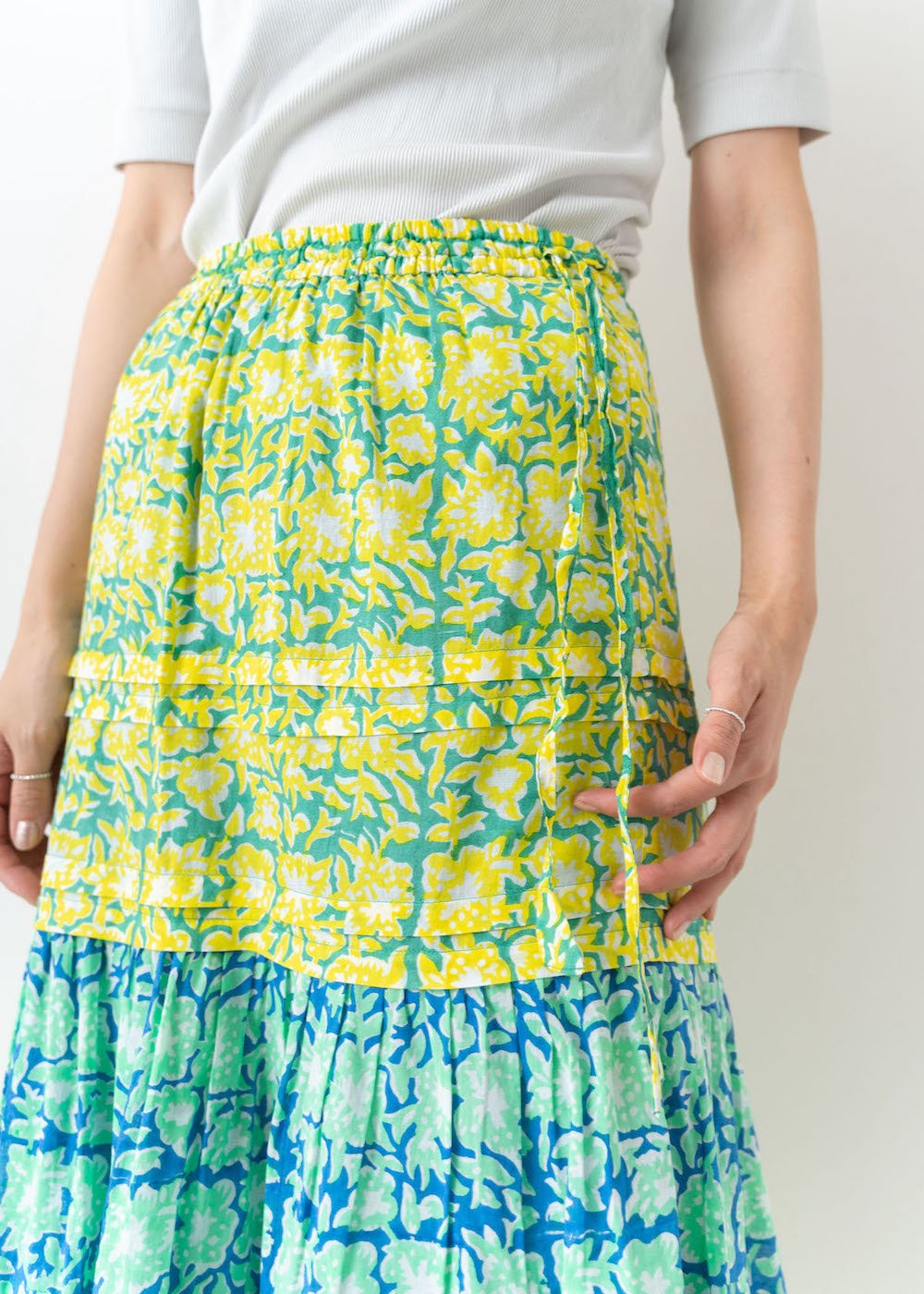 Cotton Block Flower Print Tuck Skirt