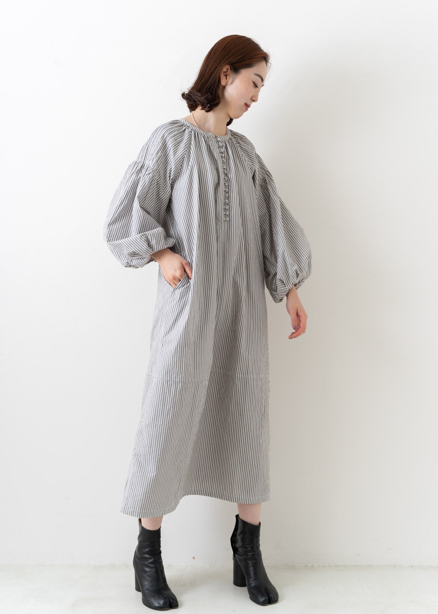 Cotton Stripe Volume Sleeve Dress | Pasand by ne Quittez pas 