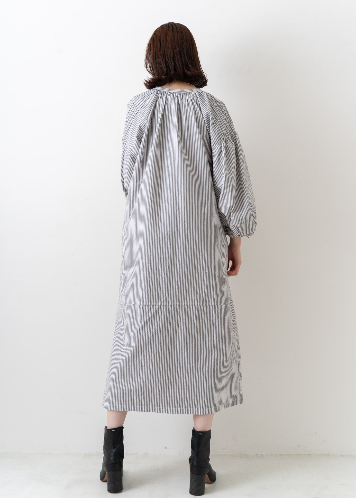 Cotton Stripe Volume Sleeve Dress
