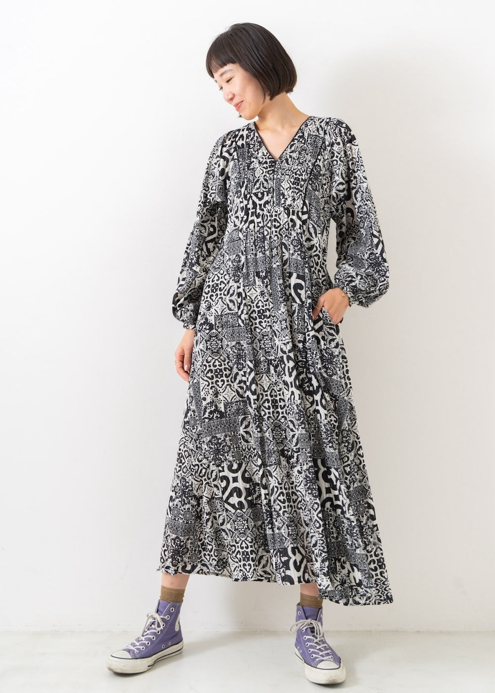 Tile Pattern Shirring Dress | Pasand by ne Quittez pas | パサン 