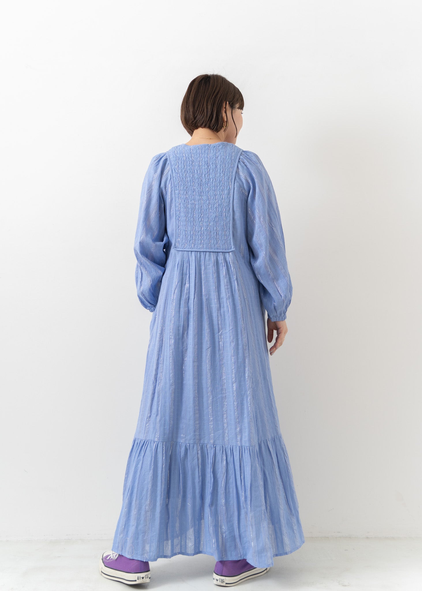 Lurex Stripe Shirring Long Sleeve Dress | Pasand by ne Quittez pas 