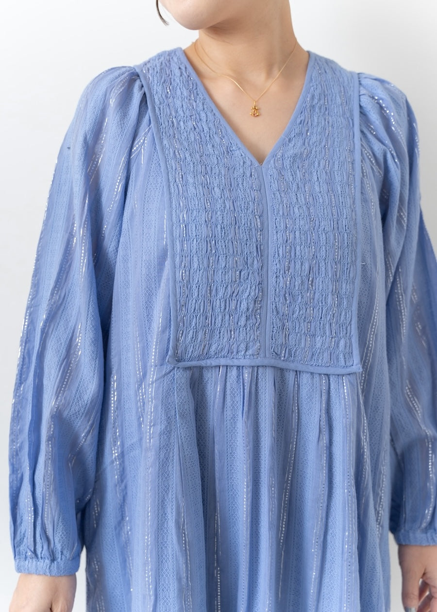 Lurex Stripe Shirring Long Sleeve Dress | Pasand by ne Quittez pas 
