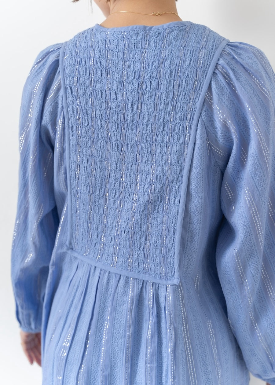 Lurex Stripe Shirring Long Sleeve Dress