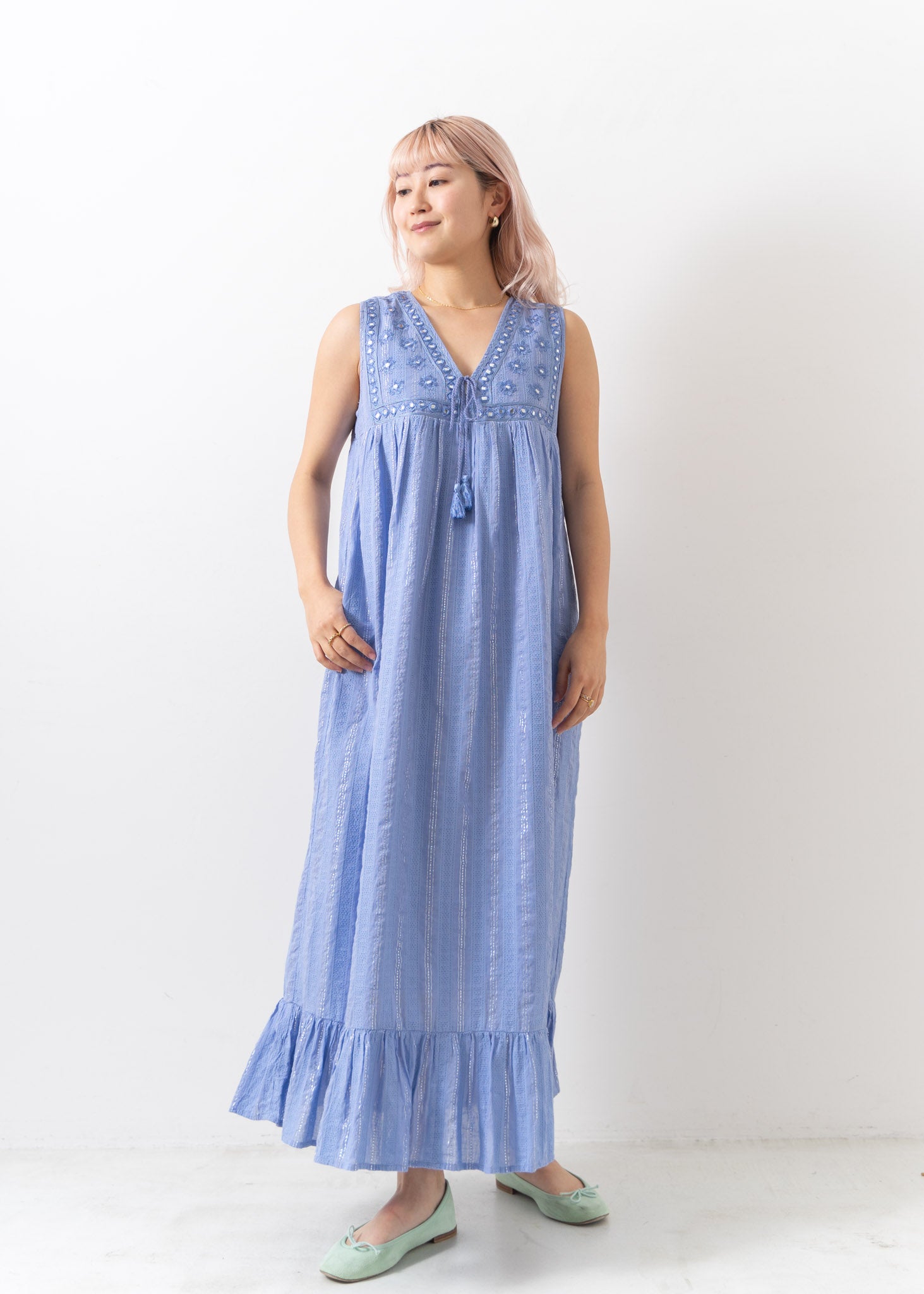 Lurex Stripe Mirror Embroidery Dress