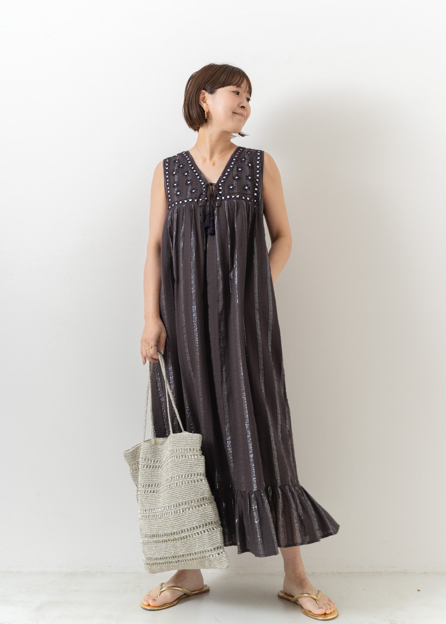 Lurex Stripe Mirror Embroidery Dress | Pasand by ne Quittez pas 