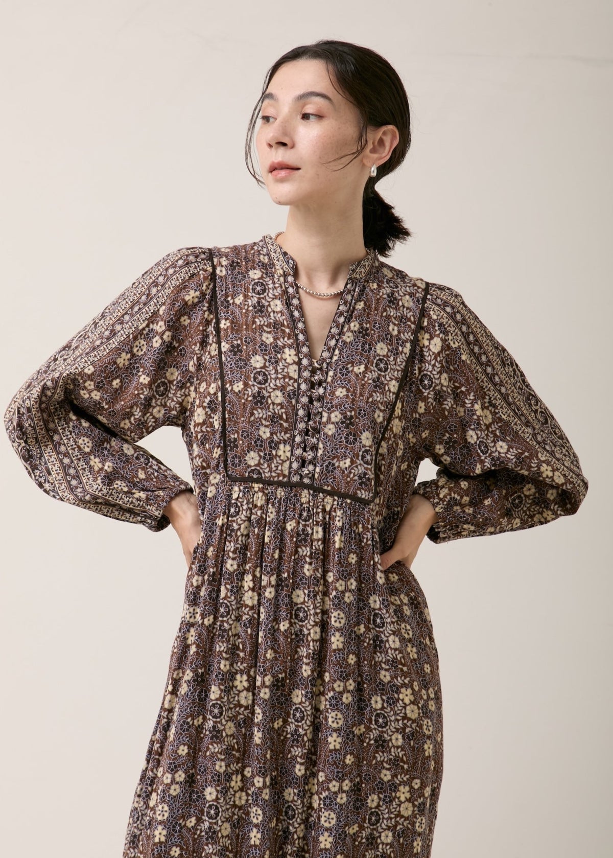 Cotton Jacquard Flower Print Yoke Dress