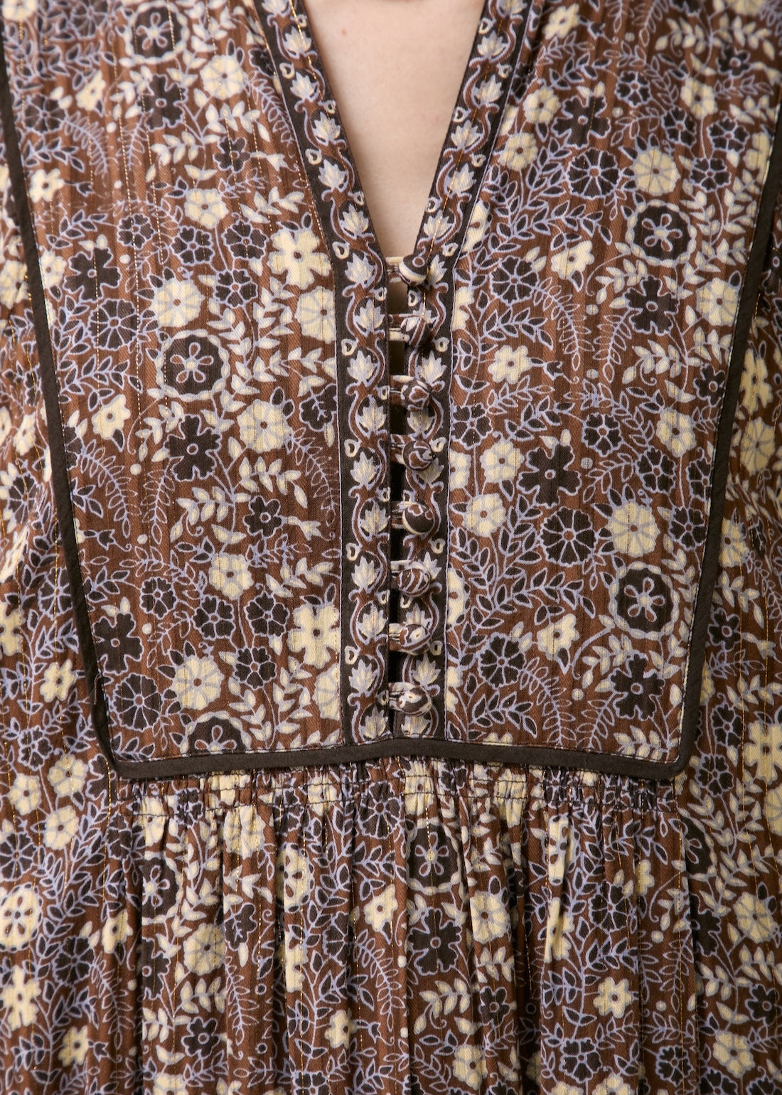 Cotton Jacquard Flower Print Yoke Dress