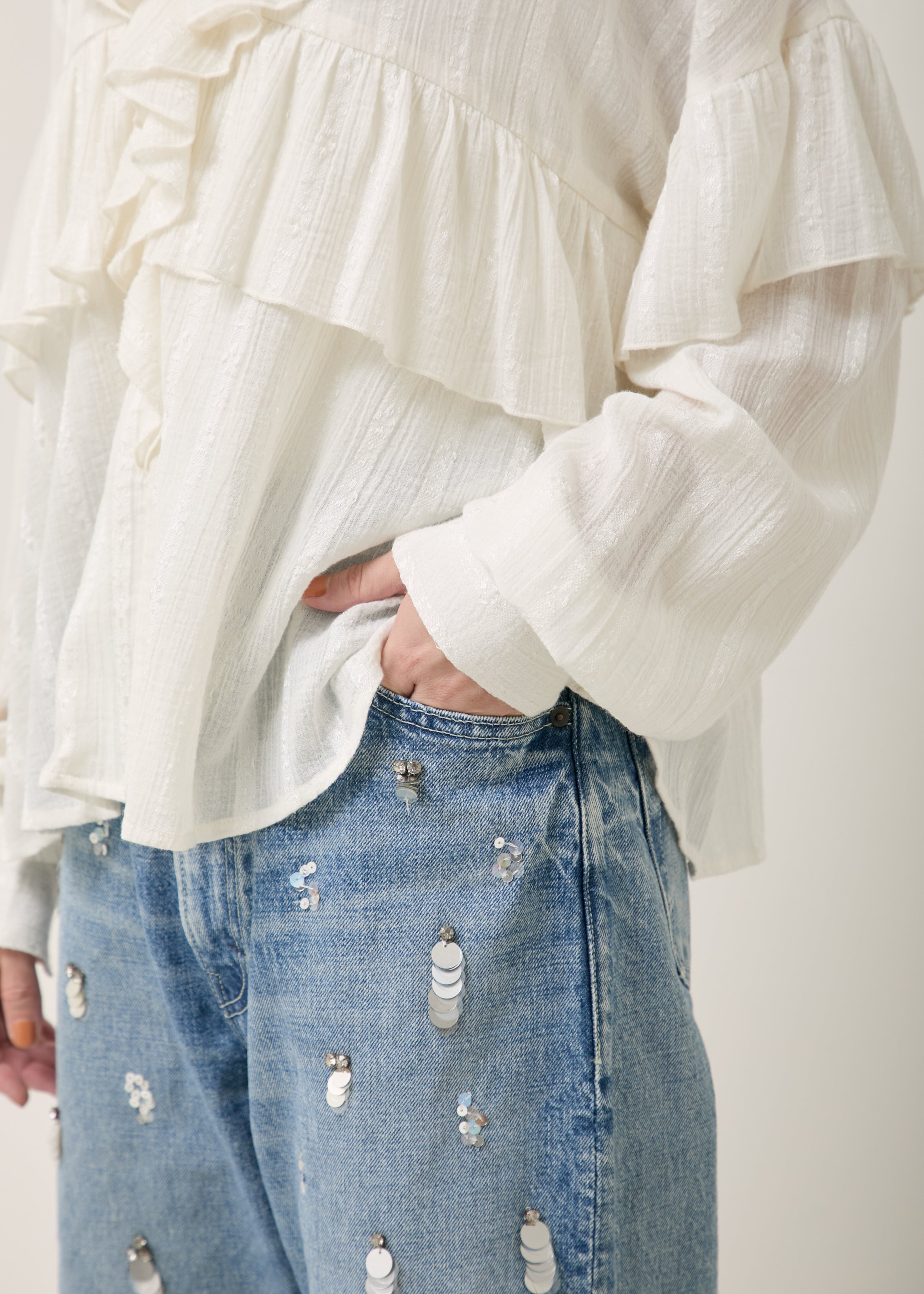 ヌキテパSequins Embroidery Denim Jacket Embroidery | Denim Pants