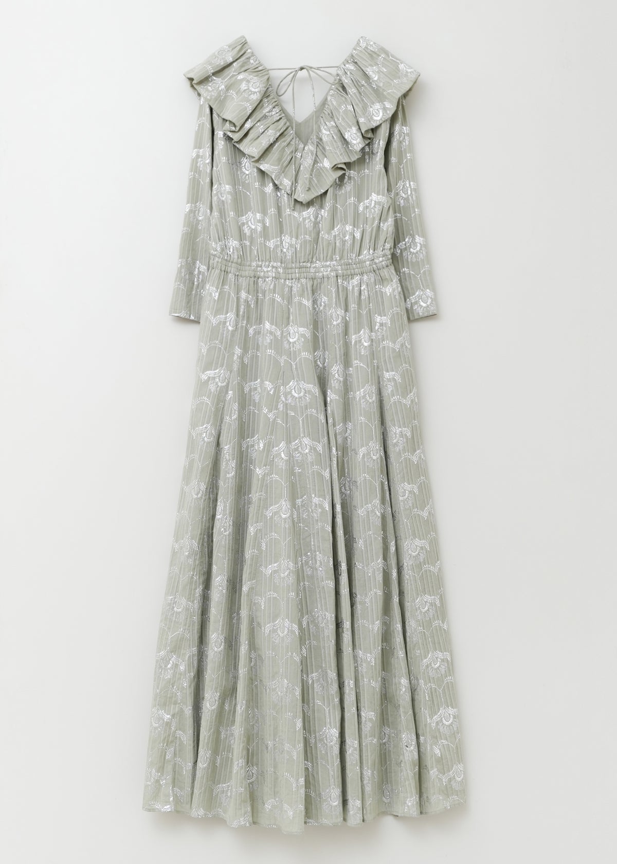 Cotton Dobby Wave Flower Foil Print Frill Collar Dress