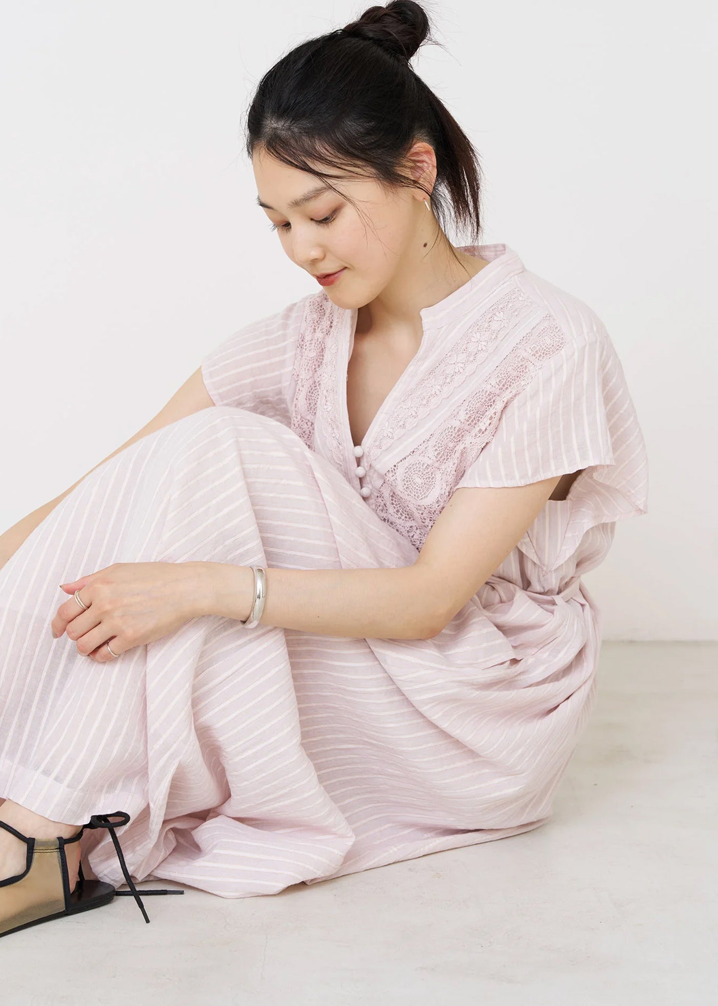 Cotton Lurex Stripe Lace Frill Sleeve Dress