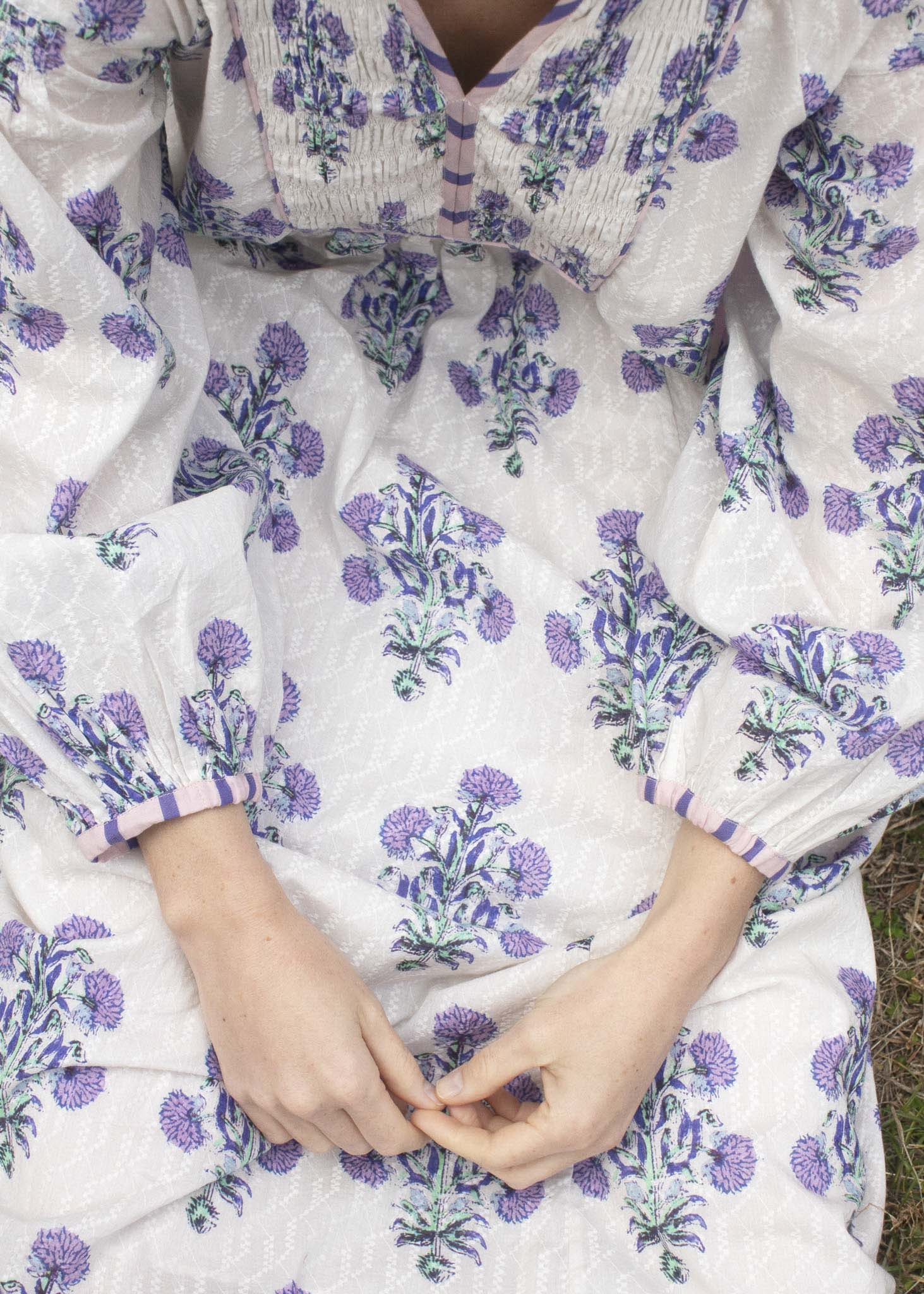Ecru予約受付中】Cotton Jacquard Marigold Print Shirring Dress ...