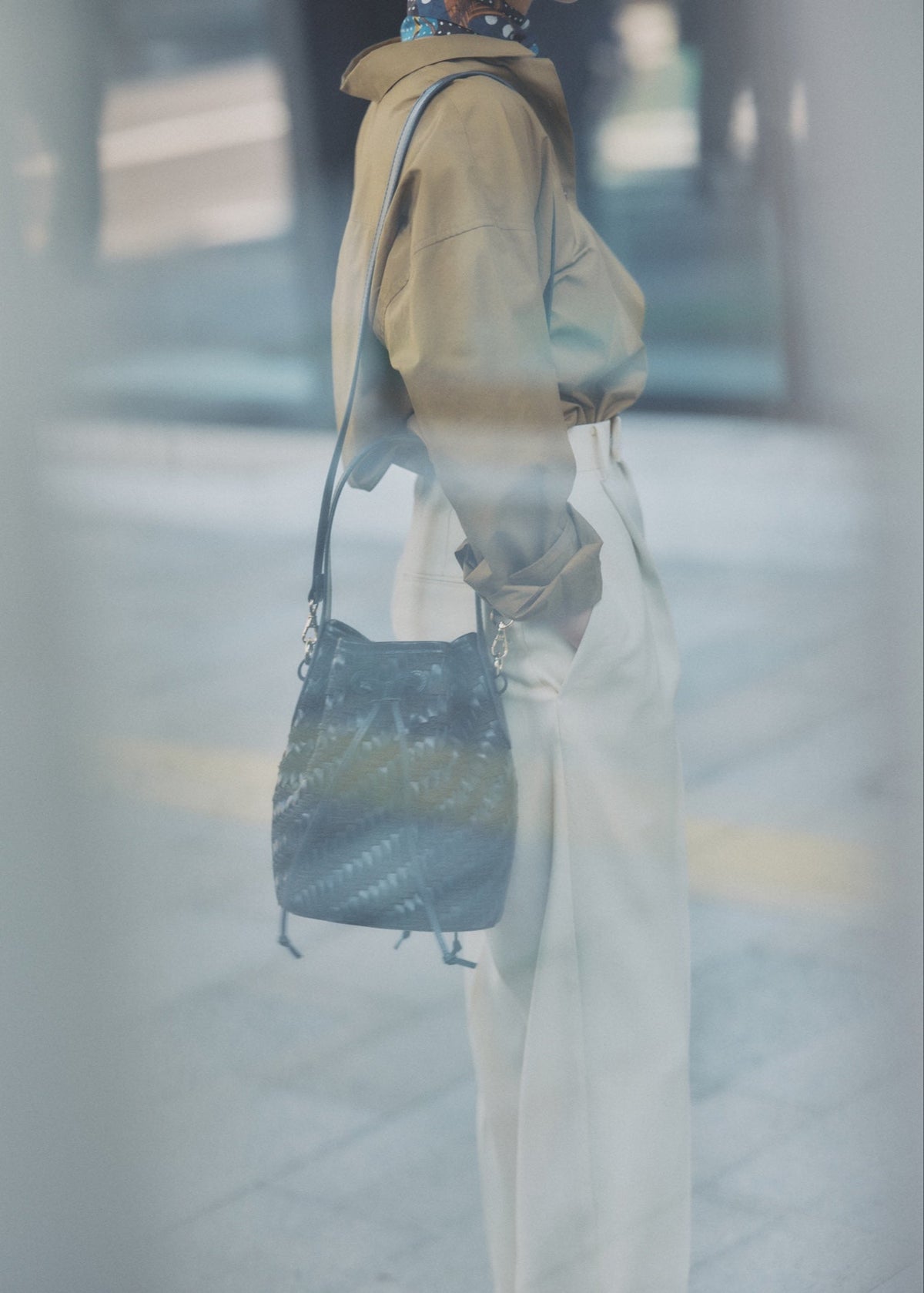 Leather Raffia Bucket Bag