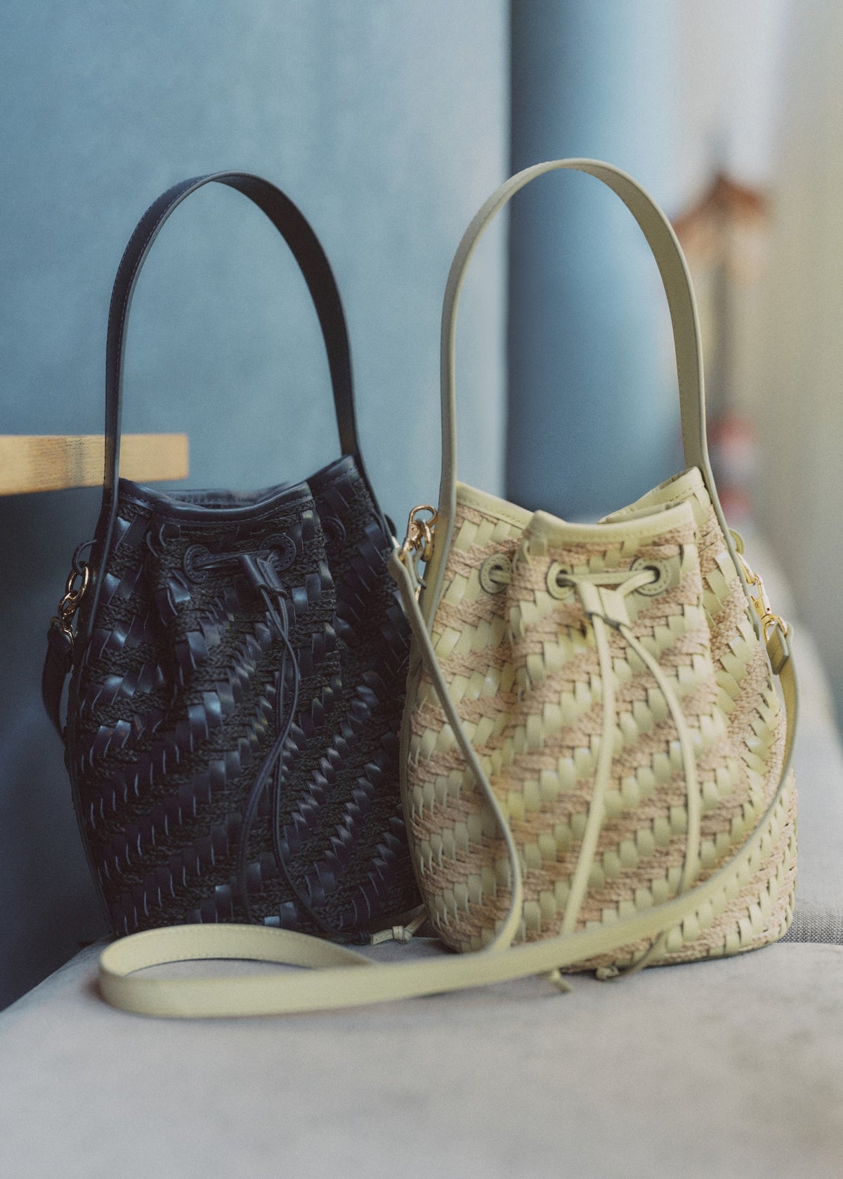 Leather Raffia Bucket Bag