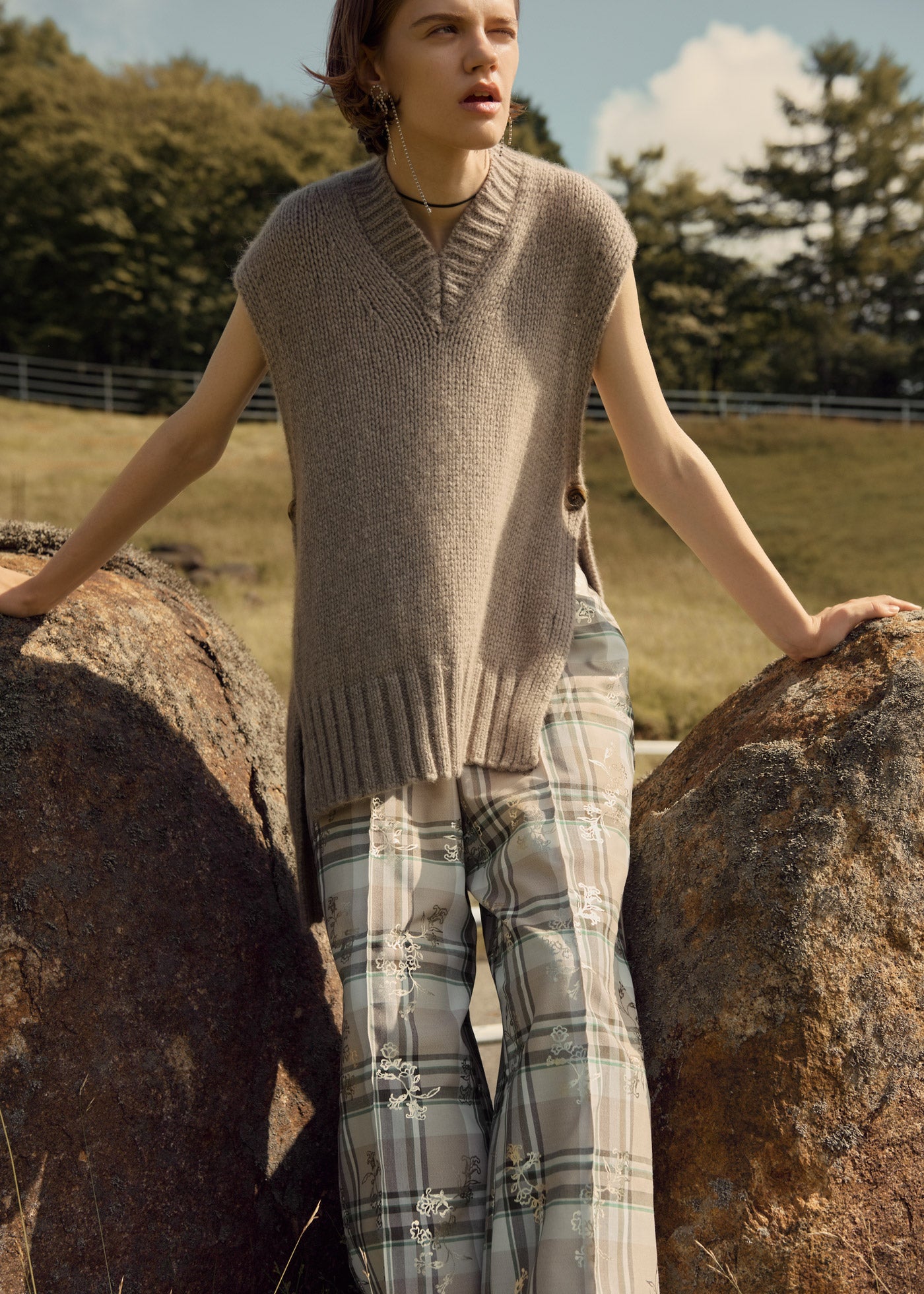 Check Foil Print Pants