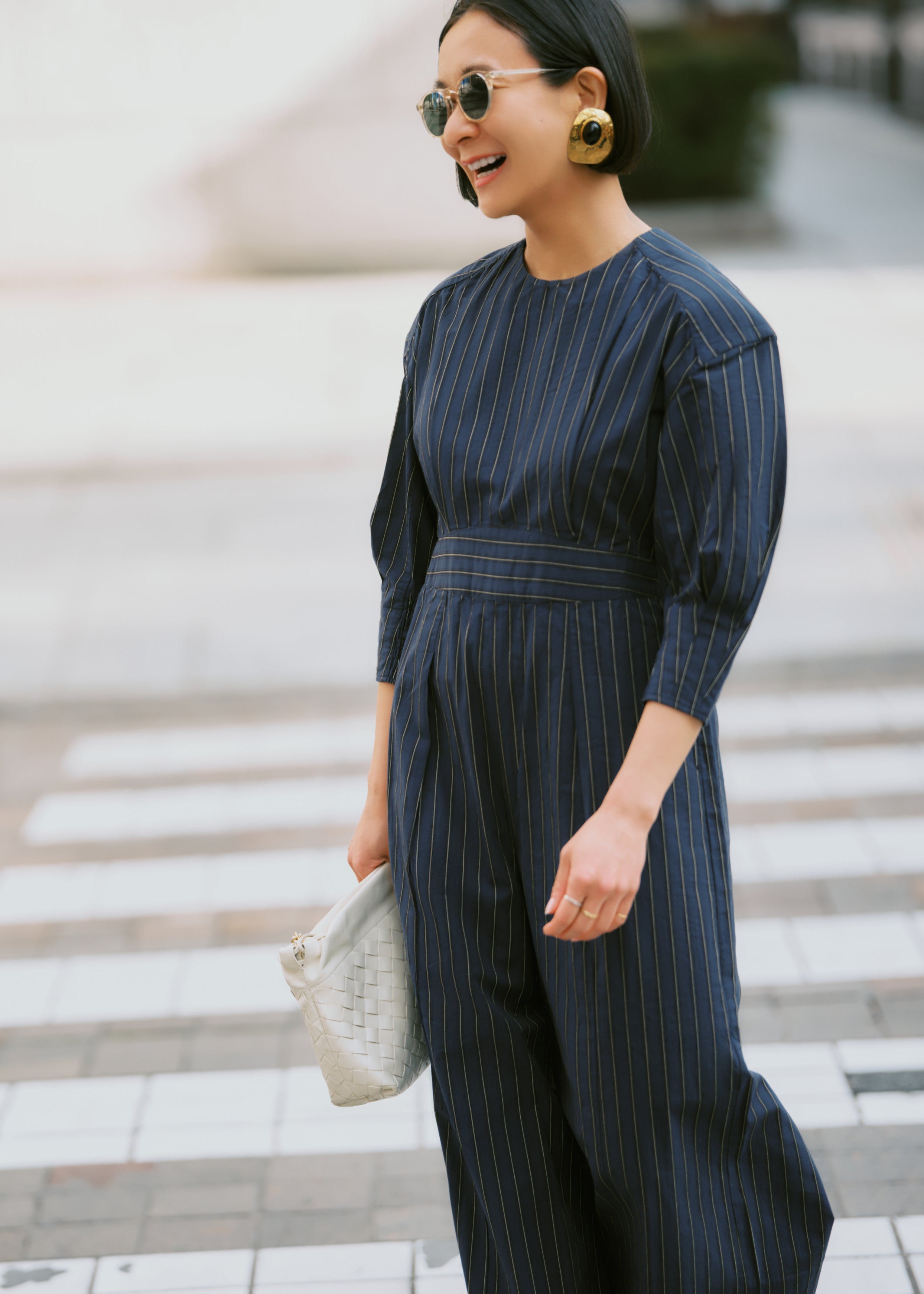超美品　ヌキテパ　コットン　ストライプ　オールインワン　佐藤佳菜子　刺繍なし Poplin Power Shoulder All In One | Pasand by ne Quittez pas